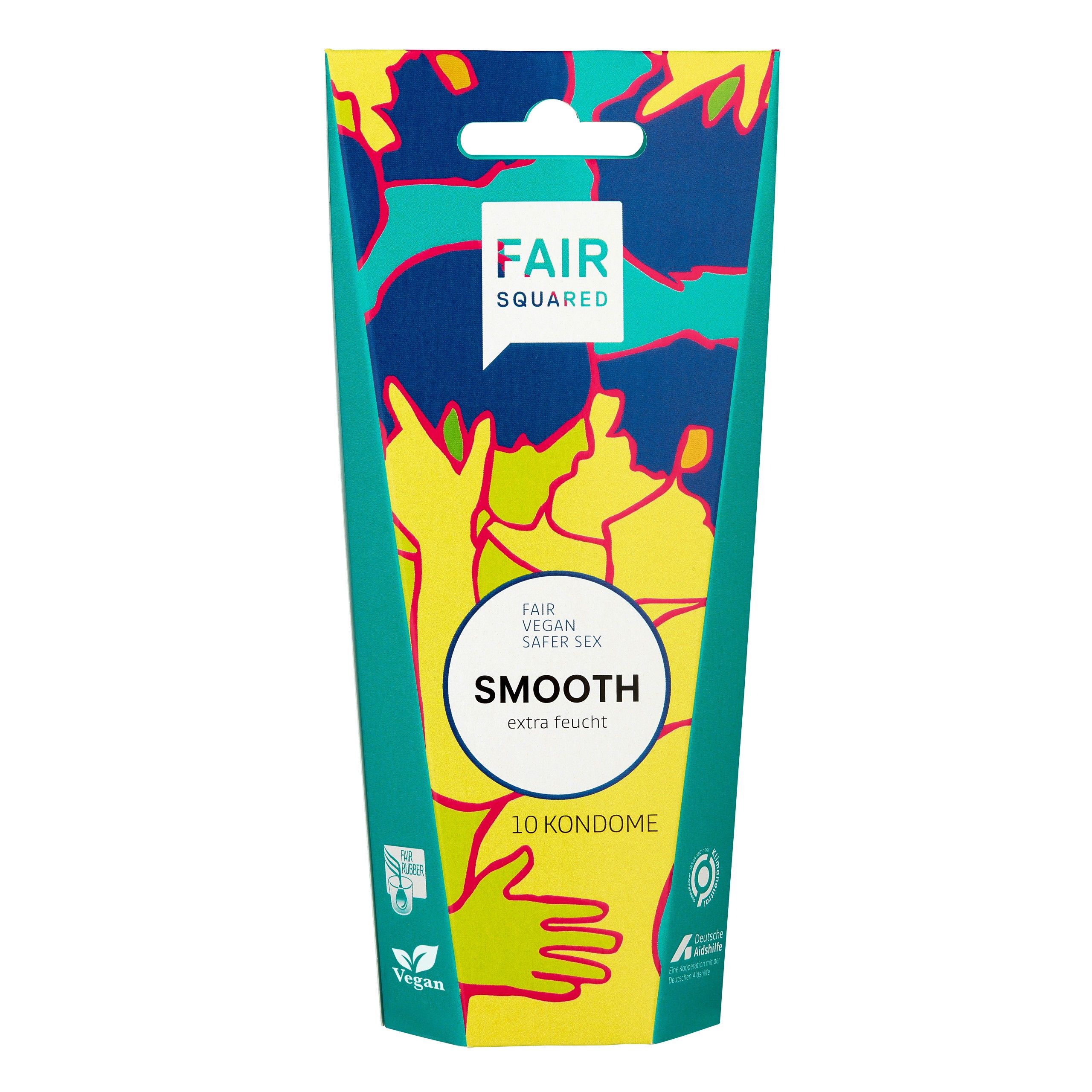 Emballage de préservatifs Fair Squared Smooth, extra humide. Contient 10 préservatifs. Vegan.