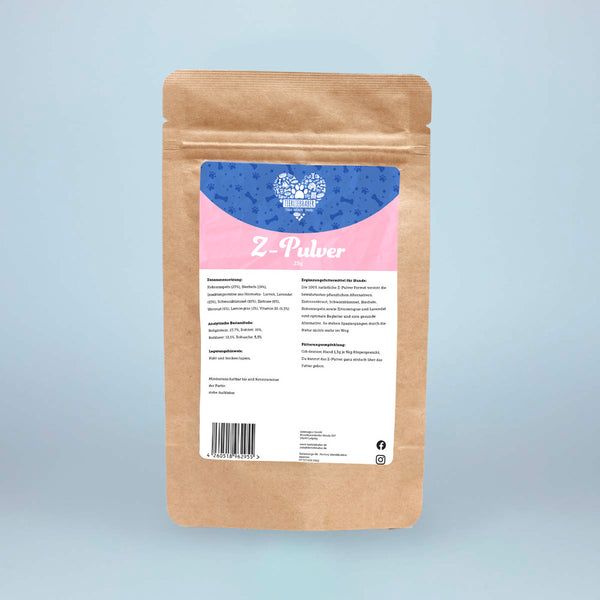 Beutel mit rosa Etikett. Text: Z-Pulver, Inhaltsstoffe, Nährwerte, Herstellerinformationen. Braune Papierverpackung.