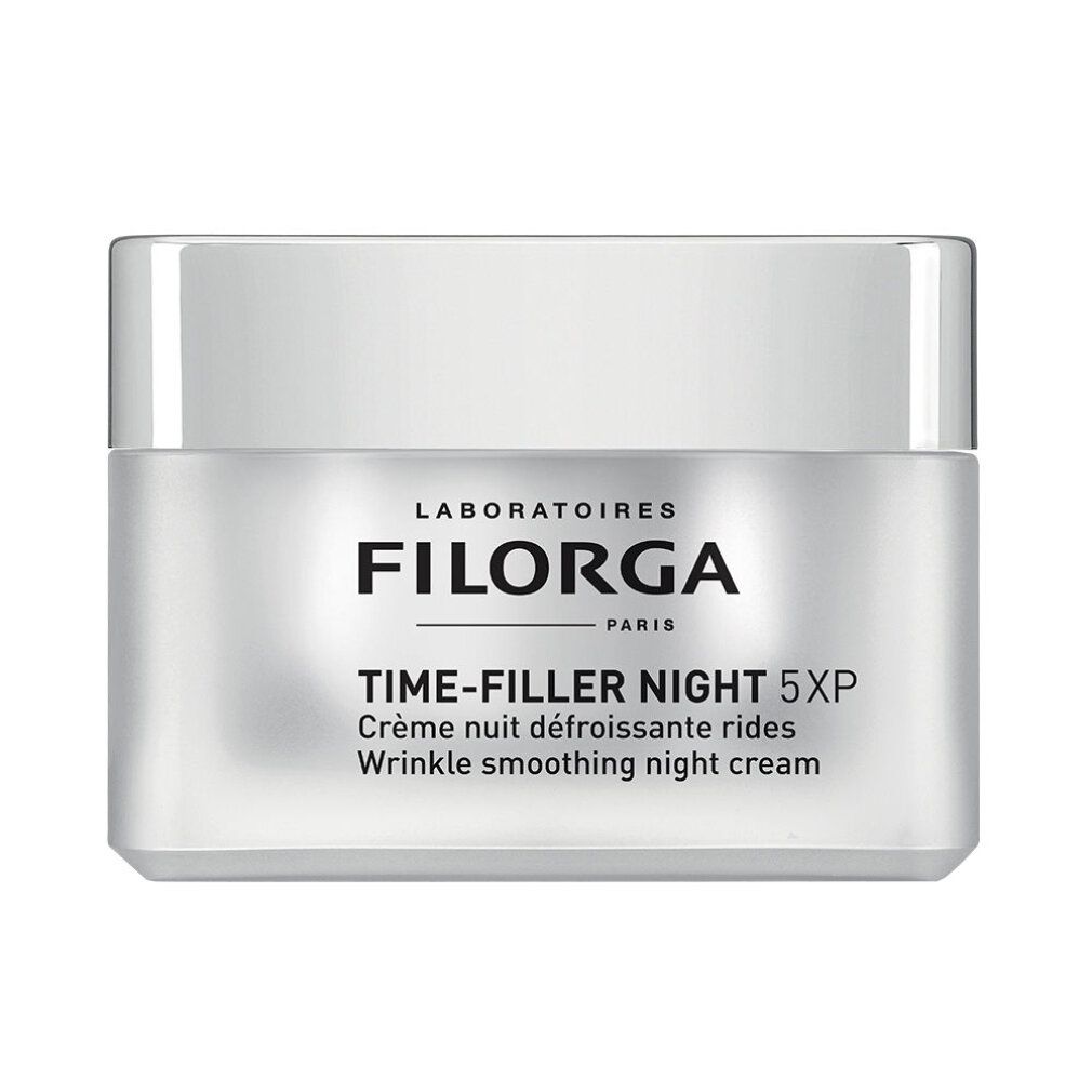 Creme-Tiegel mit Deckel. Aufschrift: FILORGA PARIS, TIME-FILLER NIGHT 5XP. Faltenreduzierende Nachtcreme.