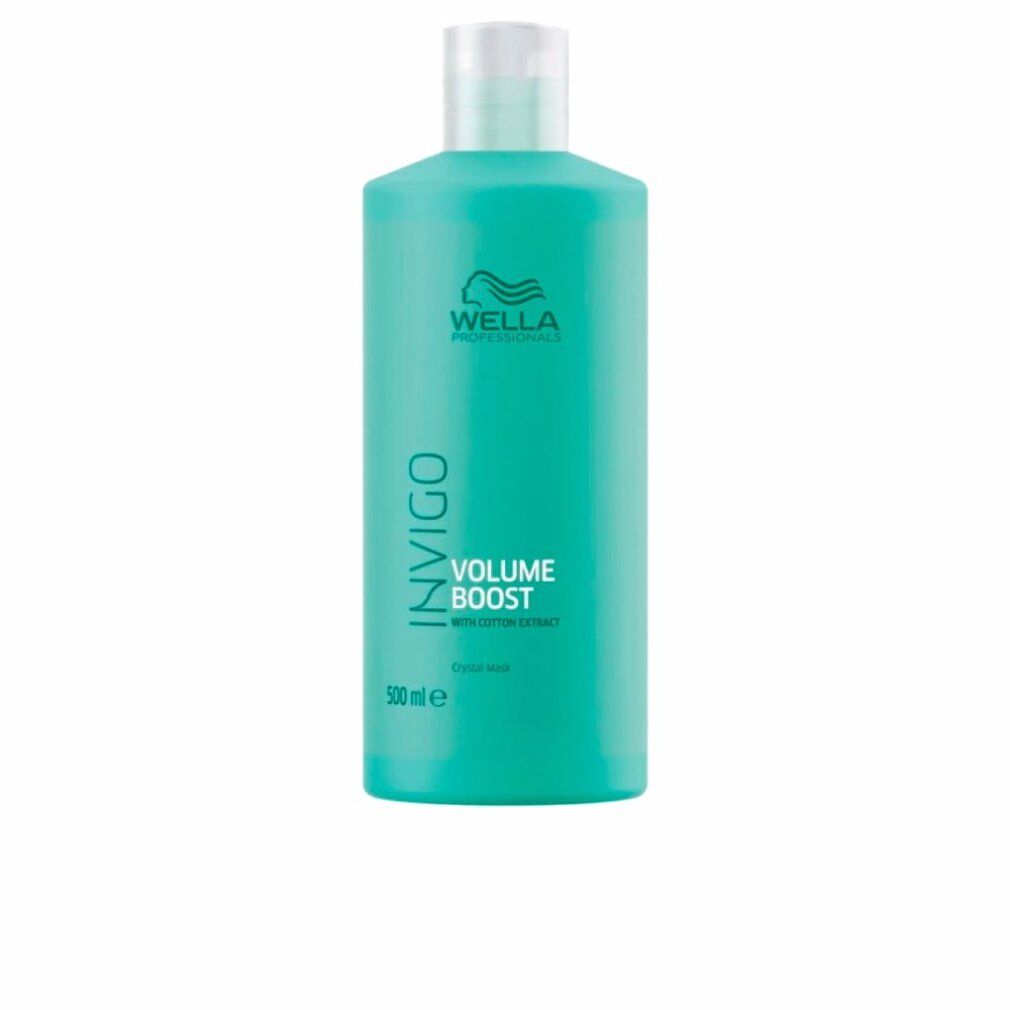 Türkisgrüne Flasche mit weißem Deckel. Aufschrift: Wella Invigo Volume Boost. Mit Baumwollextrakt. 500 ml.
