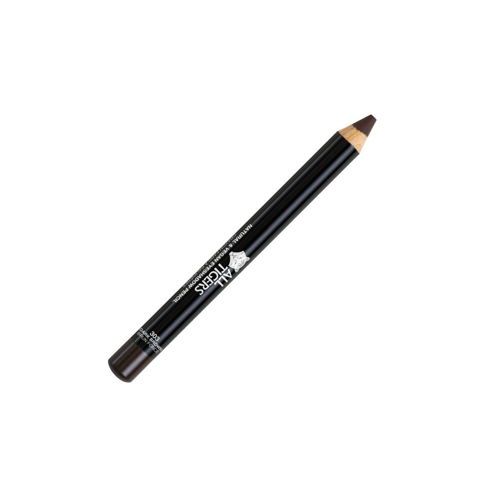 Brauner Augenstift. Schwarzer Stift mit brauner Mine. Aufschrift: ALL TIGERS. Vegan. Natürlicher Lidschattenstift.