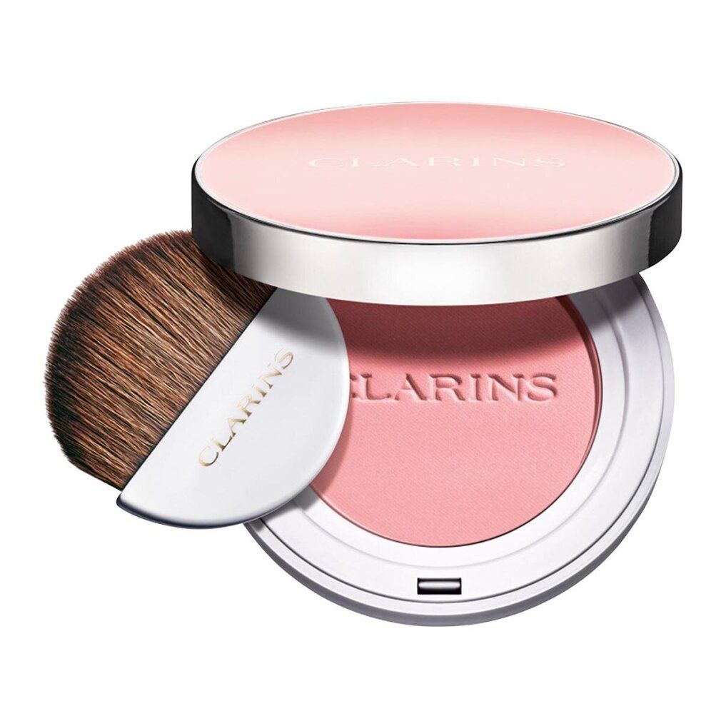 Rouge CLARINS JOLI BLUSH 01. Runde Dose mit Puder, Pinsel. Dose mit silbernem Rand, rosa Deckel. Pinsel mit weißem Griff. Marke sichtbar.