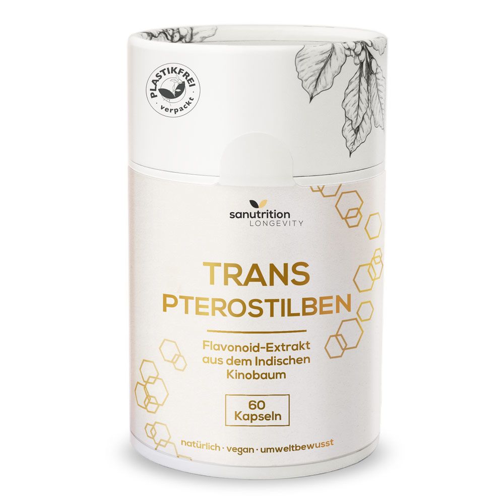 Sanutrition® - Trans-Pterostilben 100 mg | Reines Pflanzenextrakt ohne Zusätze 26 g Kapseln