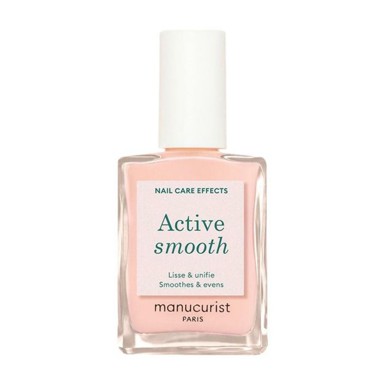 Nagellackflasche mit weißem Deckel. Aufschrift: Active Smooth, Lisse & unifie, Manucurist Paris.