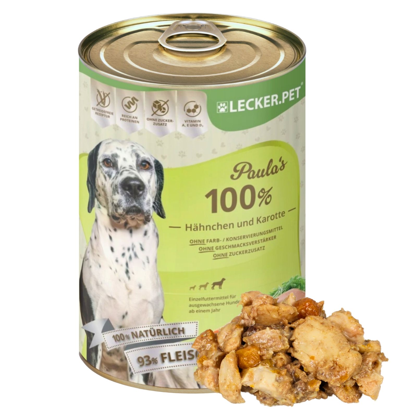 Hundefutter-Dose mit Produktbezeichnung und Hundefutter-Portion. Aufschrift: Paula's 100% Hähnchen und Karotte. 93% Fleisch.