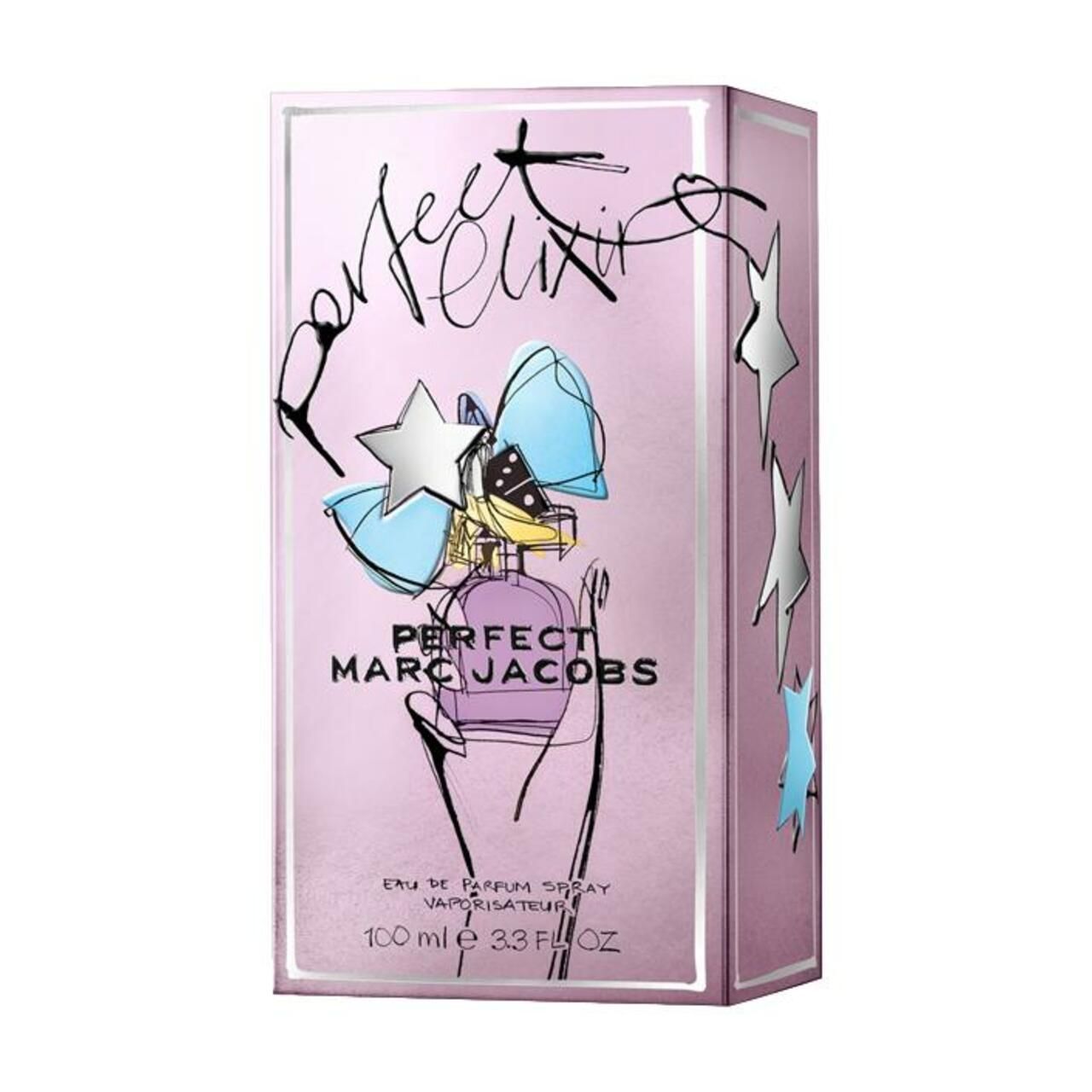Verpackung mit Aufschrift: PERFECT MARC JACOBS ELIXIR. Illustration einer Flasche. Sterne auf rosa Hintergrund.