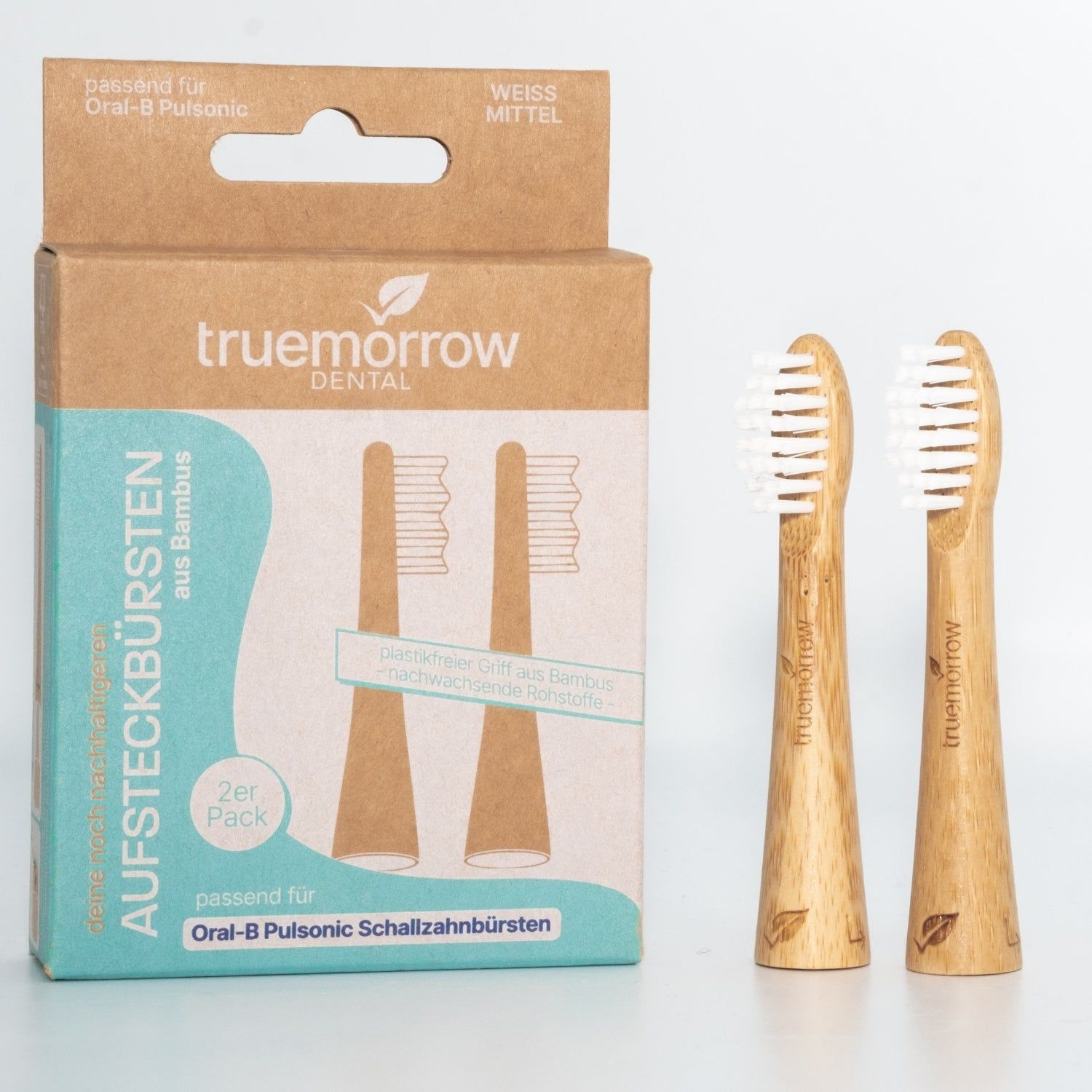 truemorrow Aufsteckbürsten aus Bambus für Oral-B Pulsonic (2er Pack), Weiss-Mittel