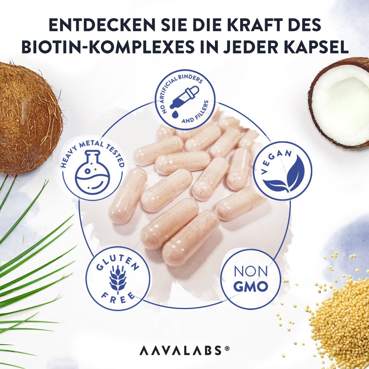 Kapseln auf einem Teller mit Kokosnuss und Körnern. Enthält Symbole für vegan, glutenfrei, ohne Gentechnik. AAVALABS Logo.