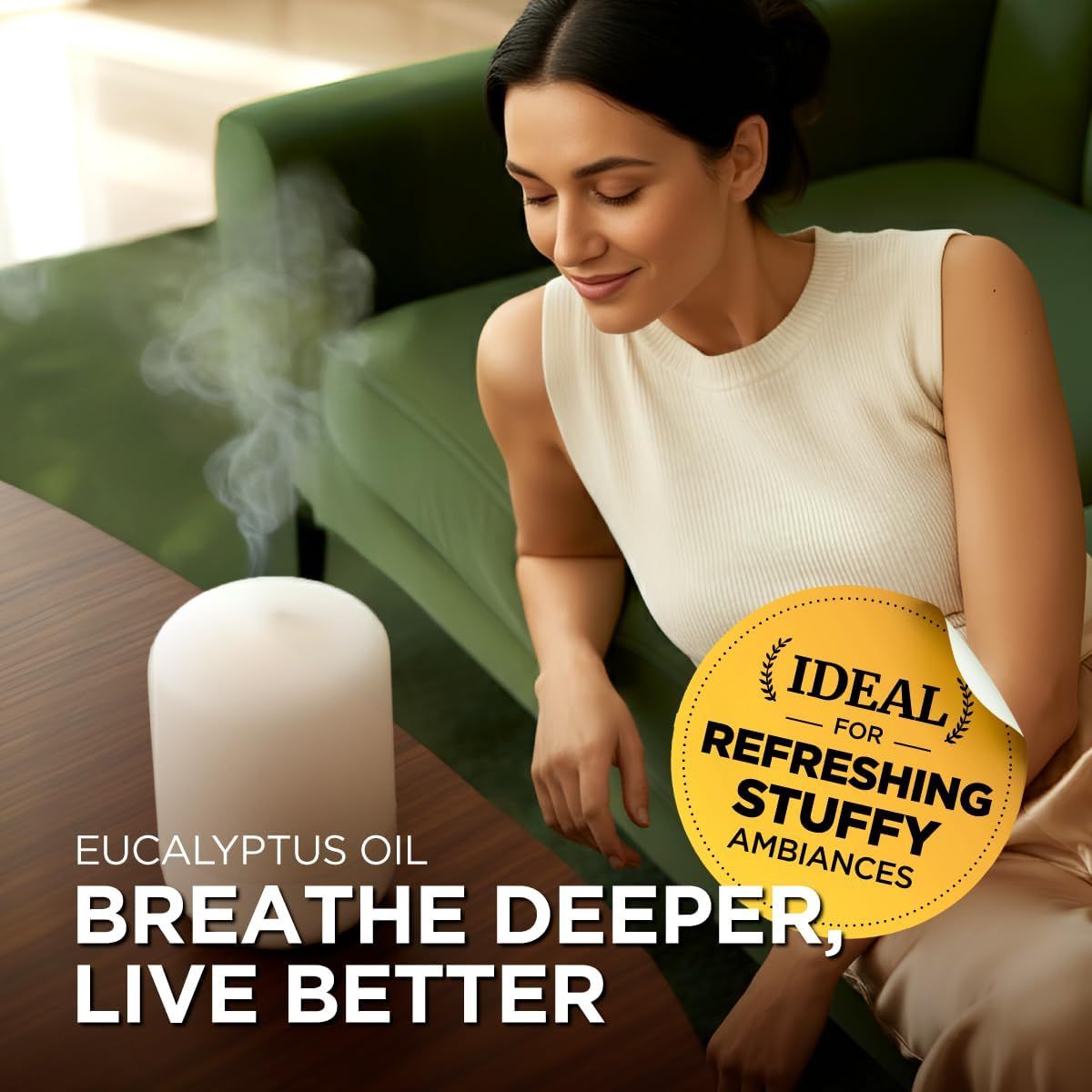 Eine Frau sitzt neben einem weißen Diffusor. Auf dem Tisch steht ein Diffusor. Aufkleber: Ideal für erfrischende stickige Umgebungen.