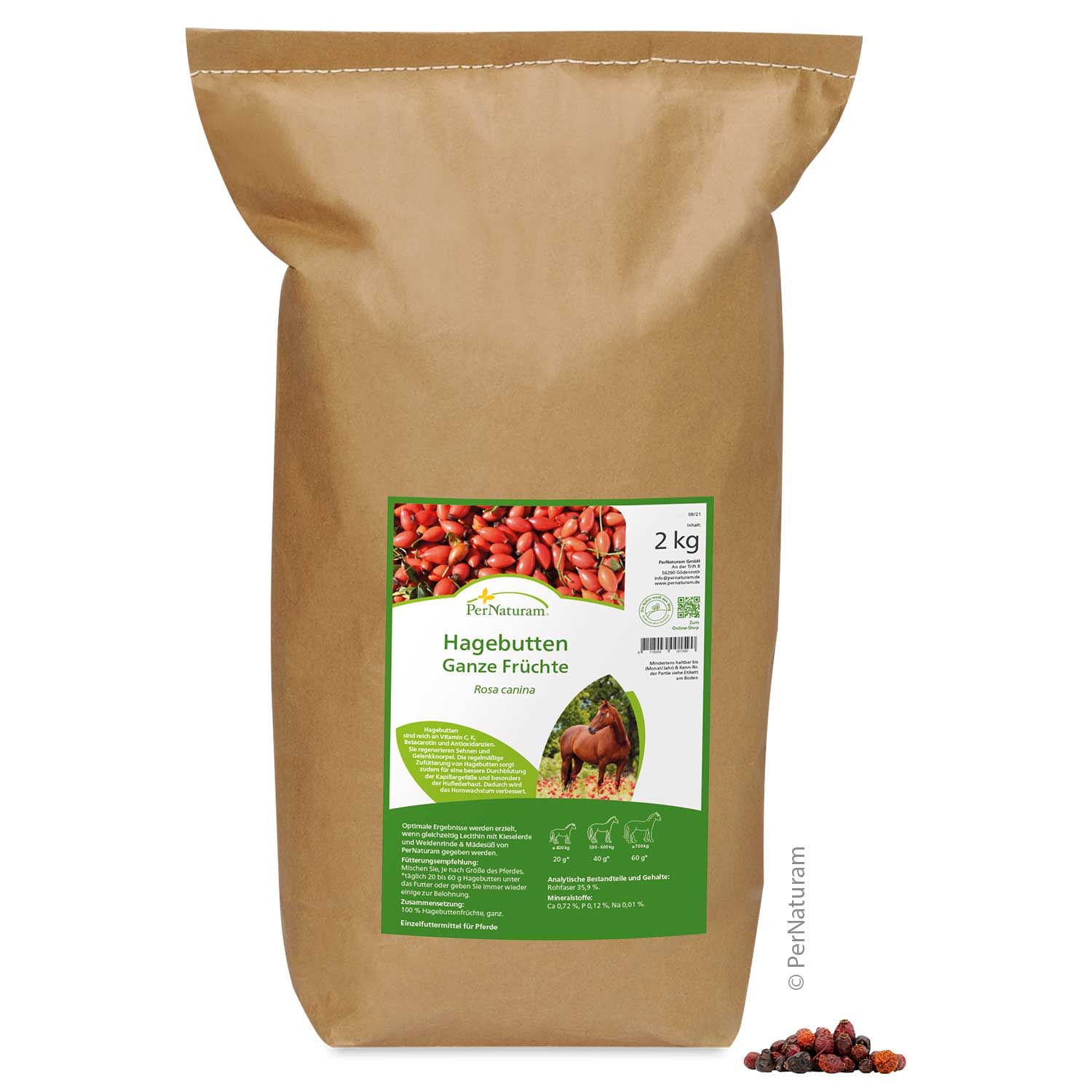 Papiertüte mit Hagebutten. Aufdruck mit Produktname, Bild und Informationen. 2 kg.