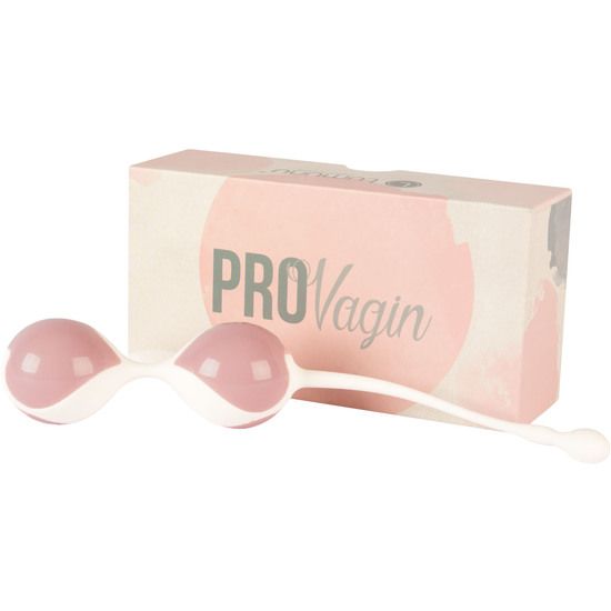 Zwei rosafarbene Kugeln mit weißem Griff und Verpackung mit "PROVagin"-Schriftzug.
