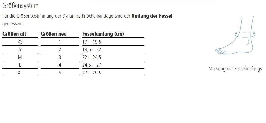 Größentabelle für Knöchelbandage. Größenangaben in XS bis XL. Illustration eines Fußes mit Messlinie für den Knöchelumfang.