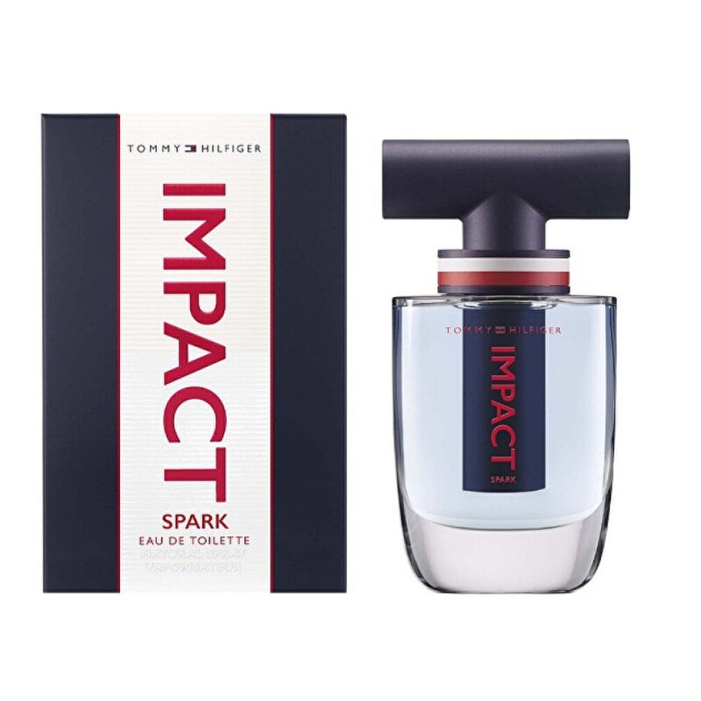 Tommy Hilfiger Impact Spark Eau de Toilette mit Verpackung. Flakon mit schwarzem Verschluss, Verpackung mit roter Schrift.