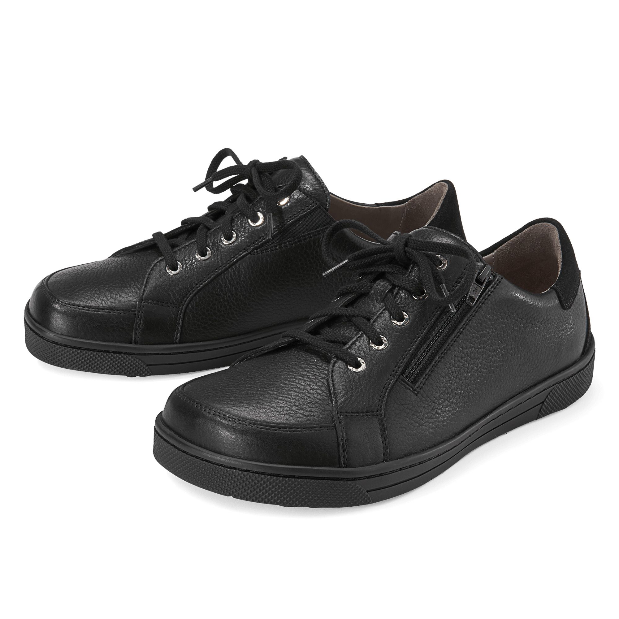 Schwarze Herren-Schnürschuhe aus Leder mit Reißverschluss und Schnürung.