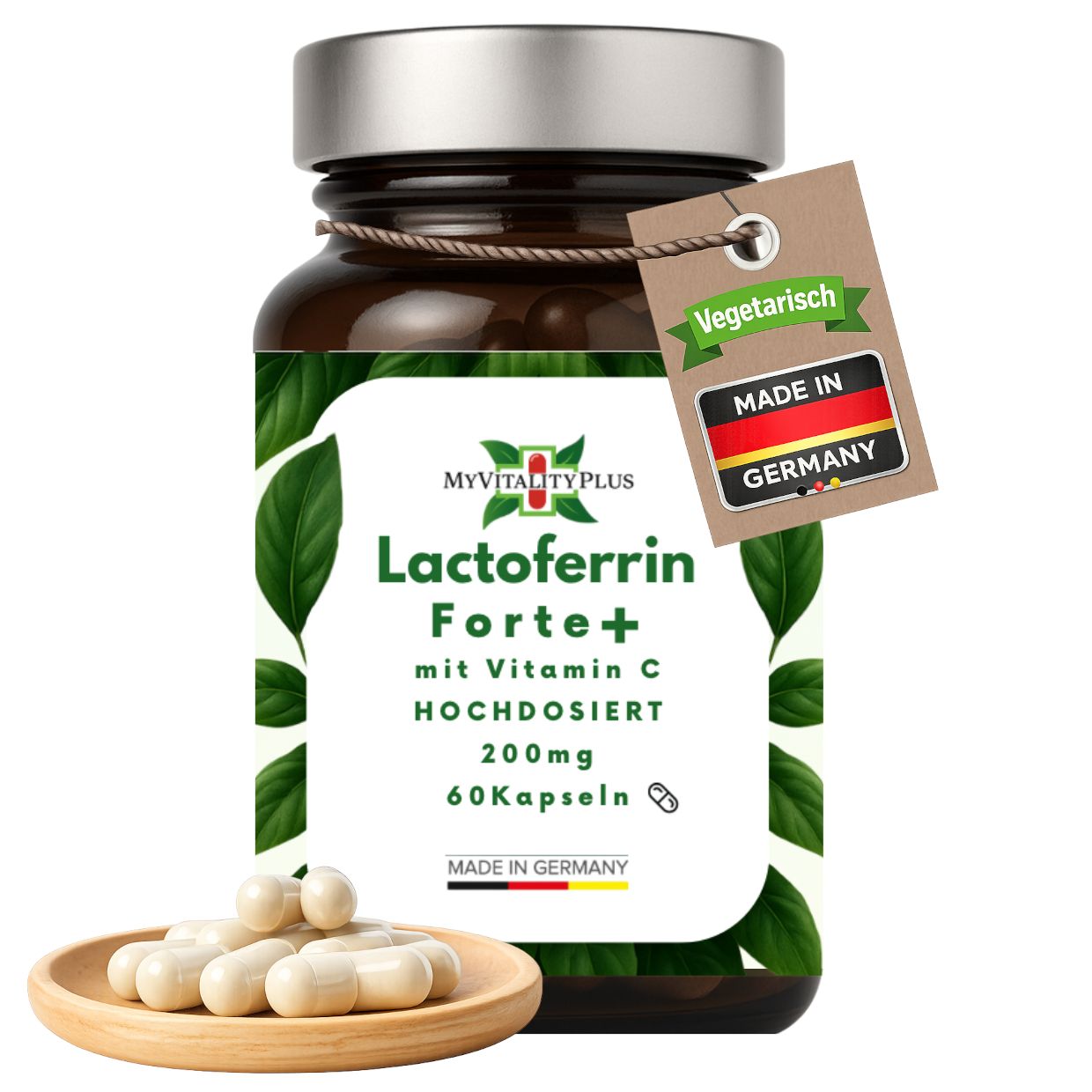 Braune Glasflasche mit Kapseln. Etikett mit Produktinformationen und dem Logo von MyVitalityPlus. Anhänger mit "Vegetarisch" und "Made in Germany".