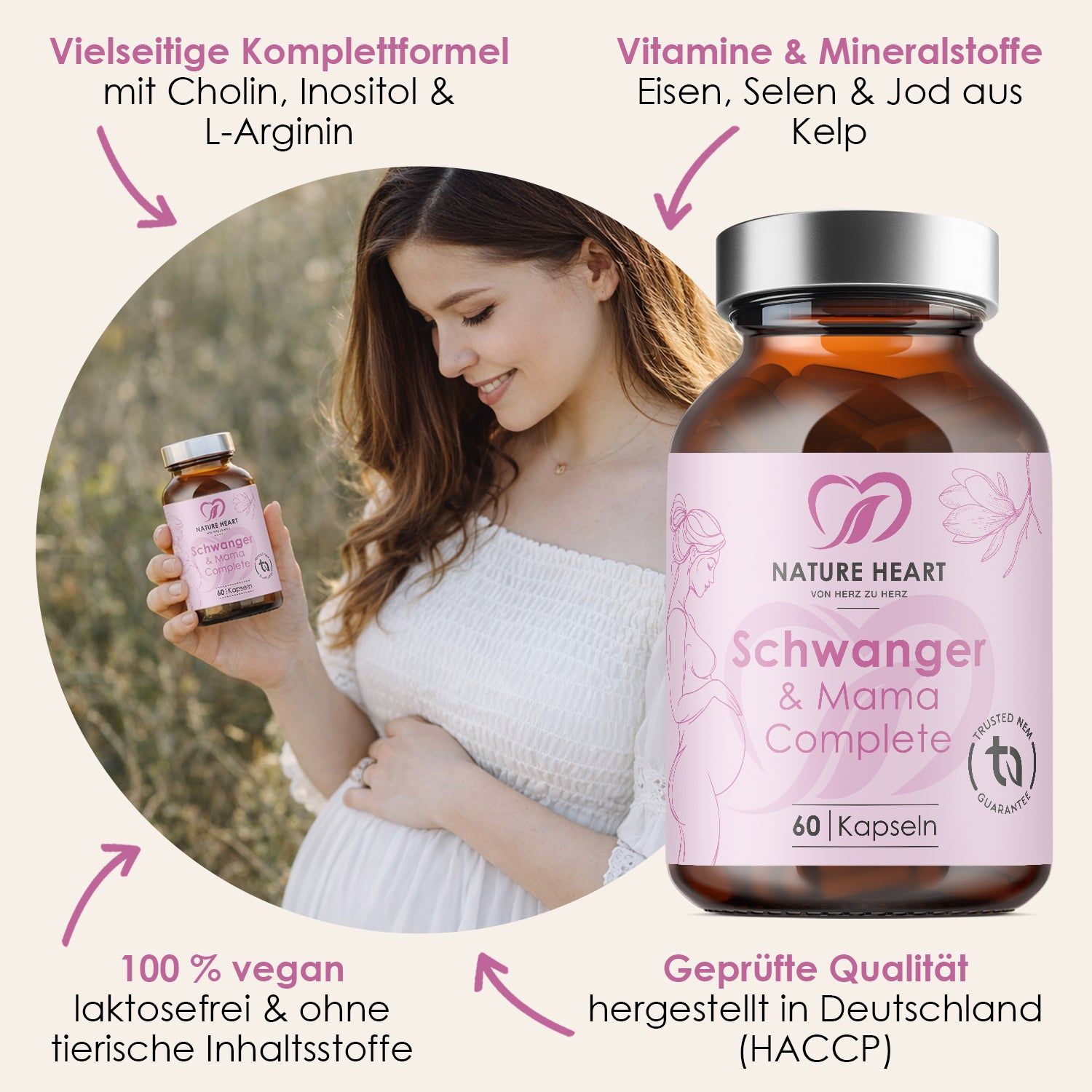 Frau hält Flasche mit Kapseln. Aufschrift: Schwanger & Mama Complete. 60 Kapseln. Logo Nature Heart. TÜV-Zertifizierung. Text: 100% vegan.