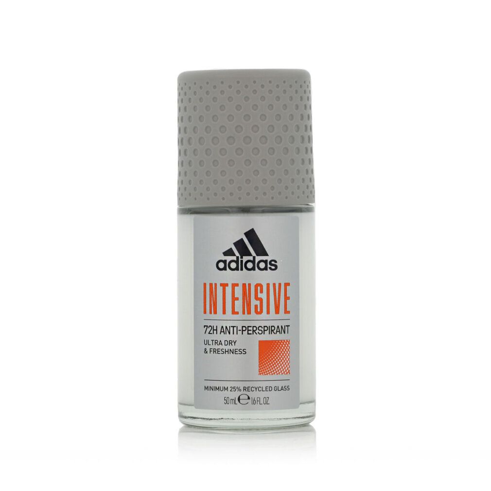Adidas Intensive Roll-on Deodorant. Grauer Deckel, transparente Flasche. Schwarzes Logo, orangefarbener Bereich mit Text.