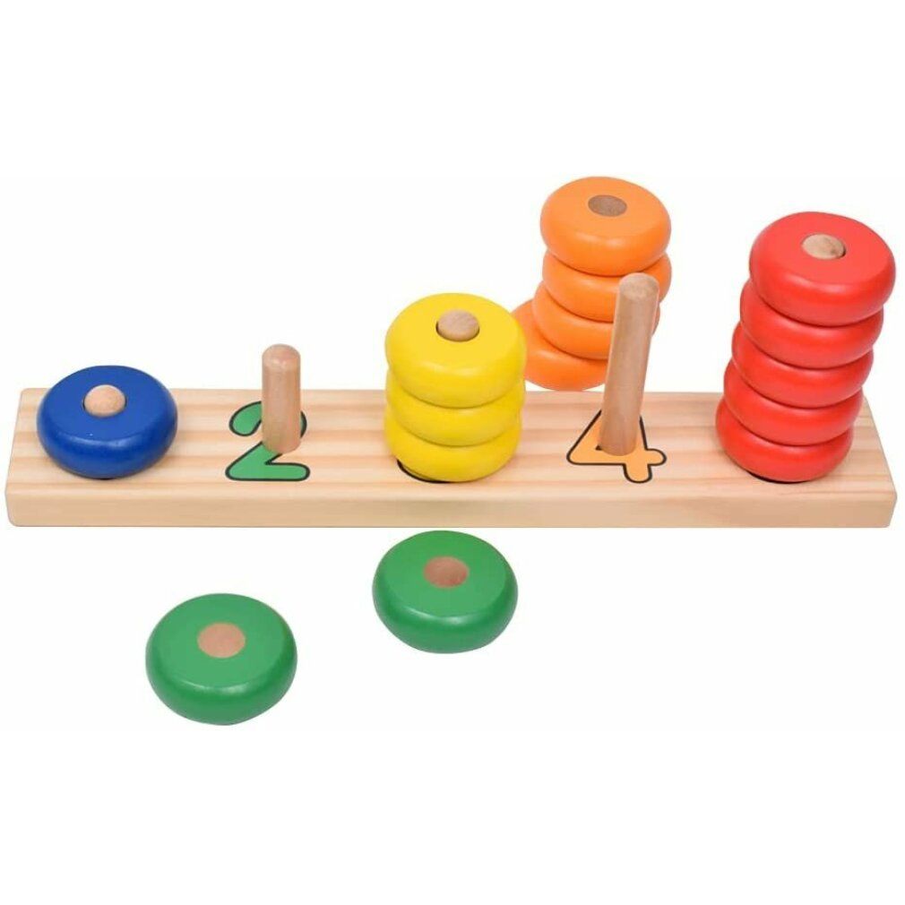 Holzpuzzle mit farbigen Ringen auf Holzbrett. Ringe: blau, grün, gelb, orange, rot. Ziffern 2 und 4.
