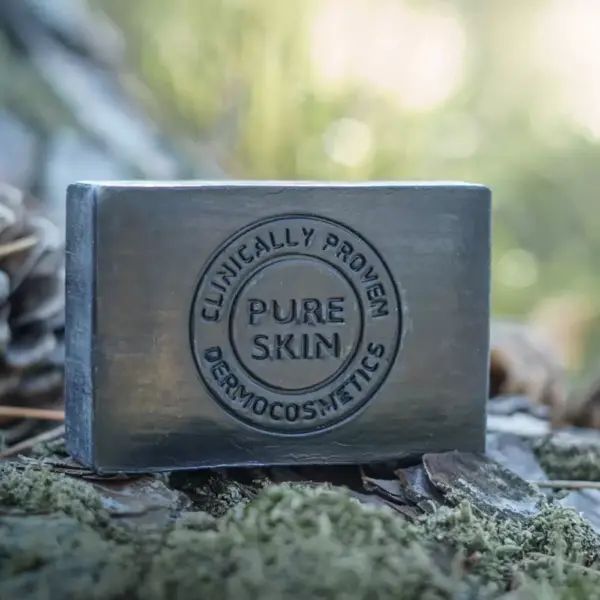 Schwarze Seife auf Holz. Aufschrift: Pure Skin, klinisch getestet. Rechteckige Form. Seife liegt auf Holz, im Hintergrund unscharfer Wald.