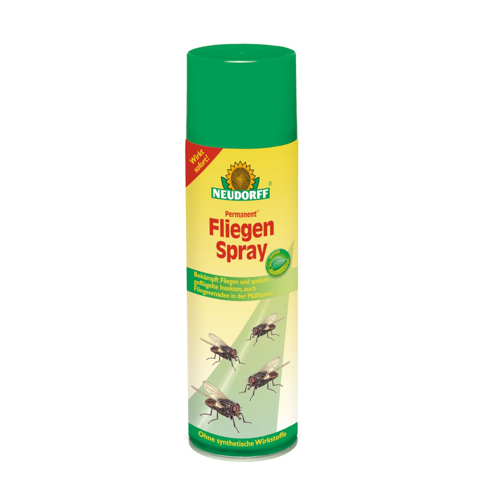 Grüne Sprühflasche mit gelbem Etikett. Aufschrift: Neudorff Permanent Fliegen Spray. Abbildung von Fliegen.