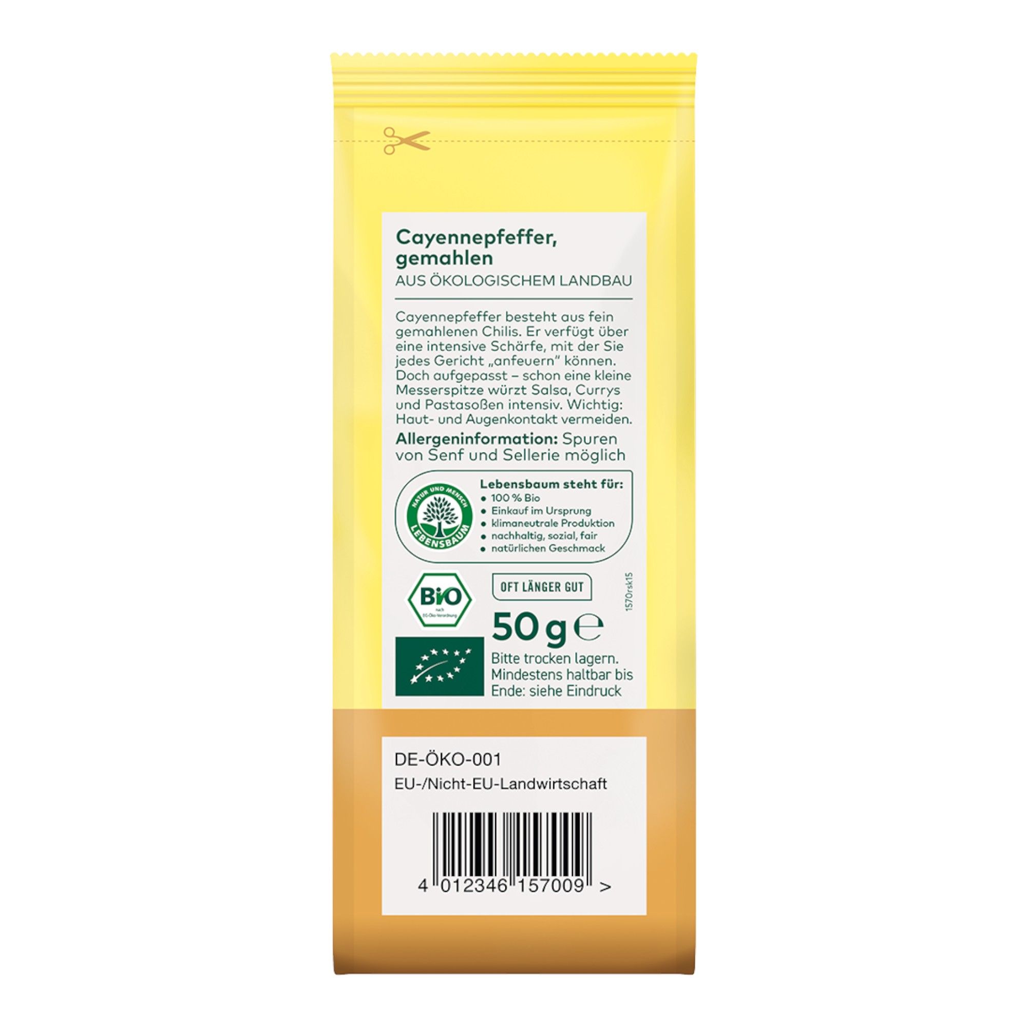 Bio Cayennepfeffer gemahlen, 50g Packung mit Bio-Siegel und EU-Nicht-EU-Landwirtschaft Kennzeichnung.