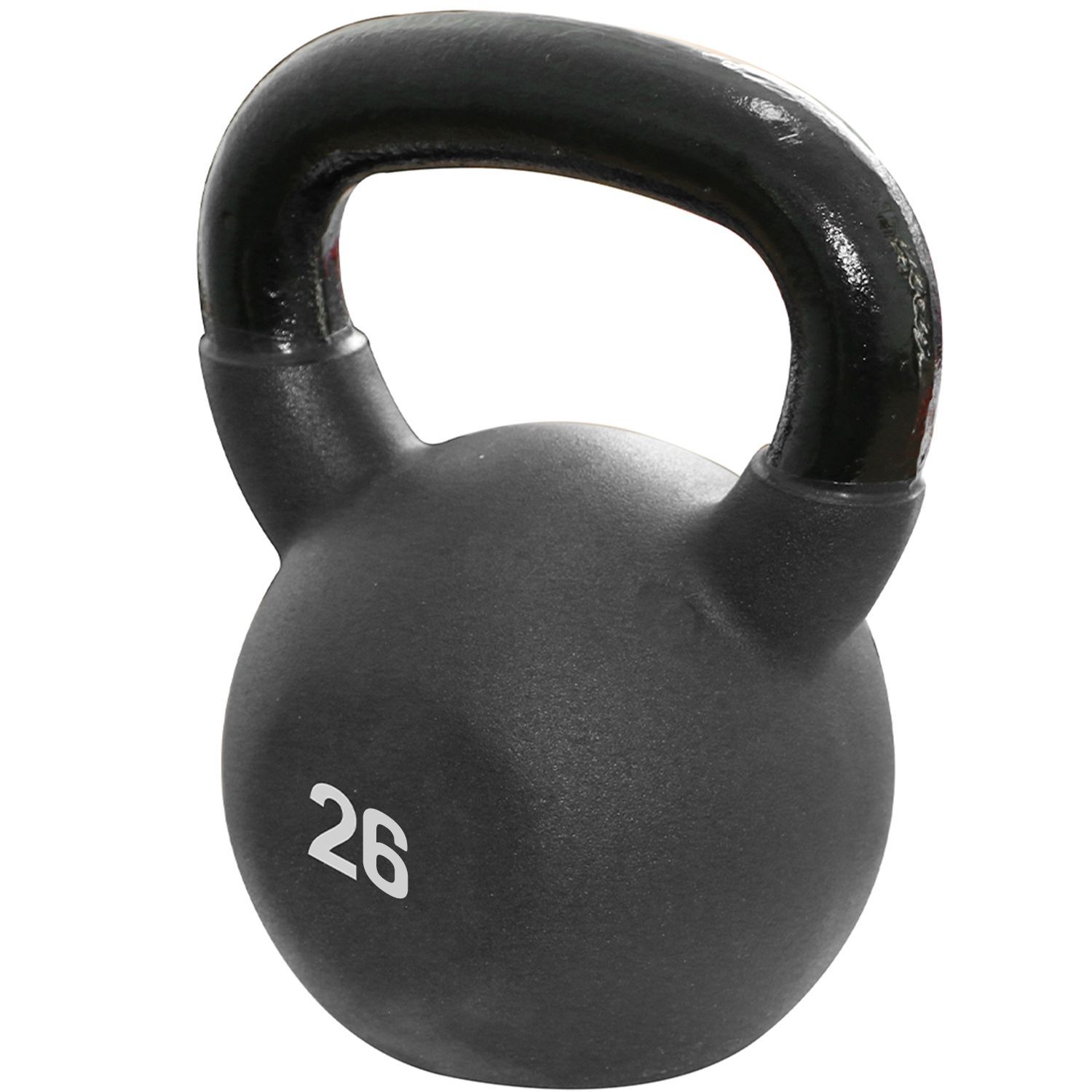 Schwarze Kettlebell mit schwarzem Griff. Auf der Kugel steht die Zahl 26 in Weiß.