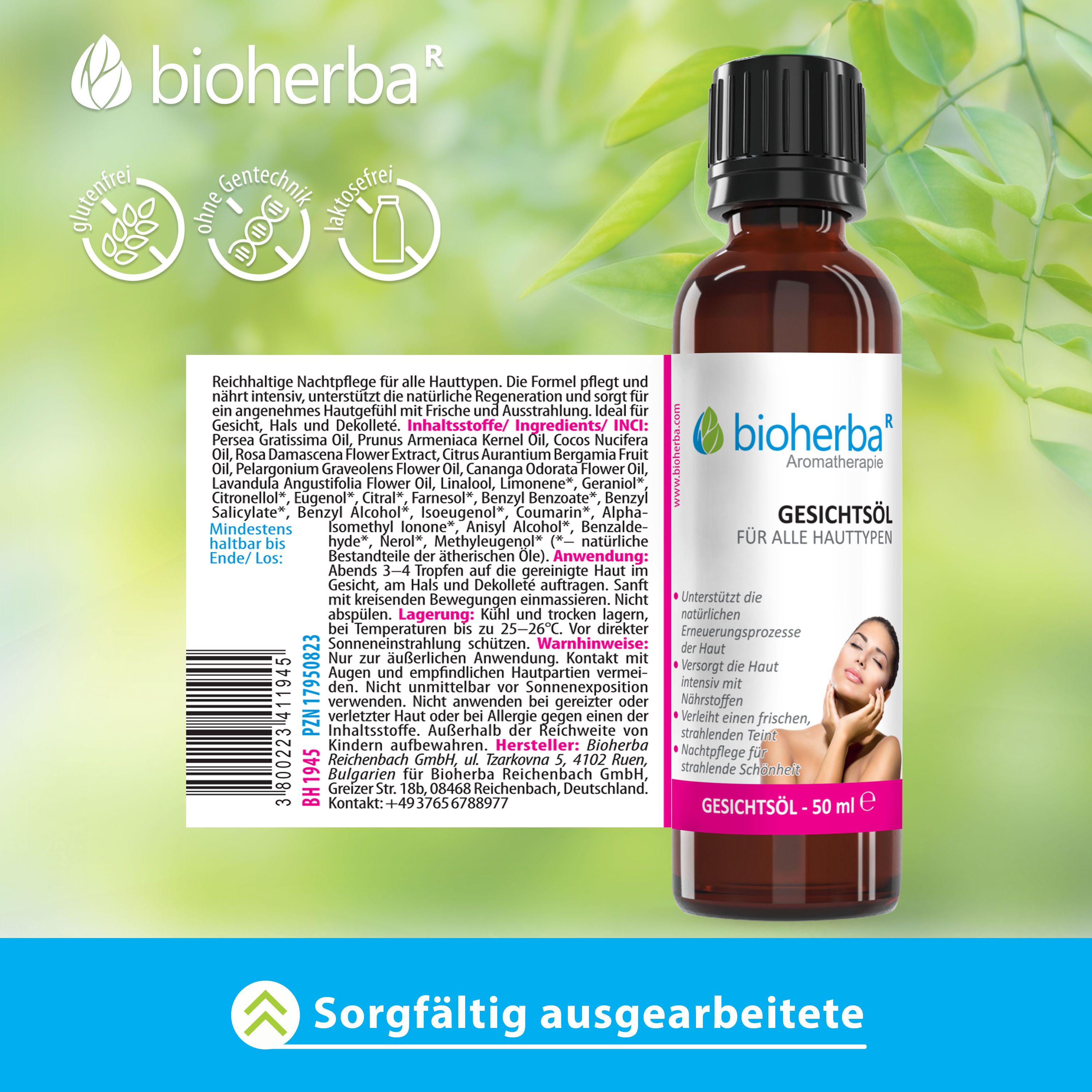 Bioherba Gesichtsöl Flasche mit Siegeln für 'Ohne Gentechnik', 'Ohne Tierversuche' und 'Ohne Parabene'.