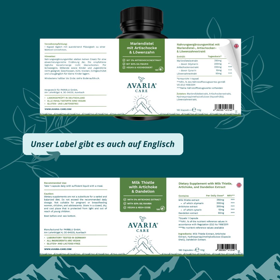 Zwei Etiketten, eines auf Deutsch, eines auf Englisch. Aufschrift: Mariendistel, Artischocke & Löwenzahn. Marke: AVARIA CARE.