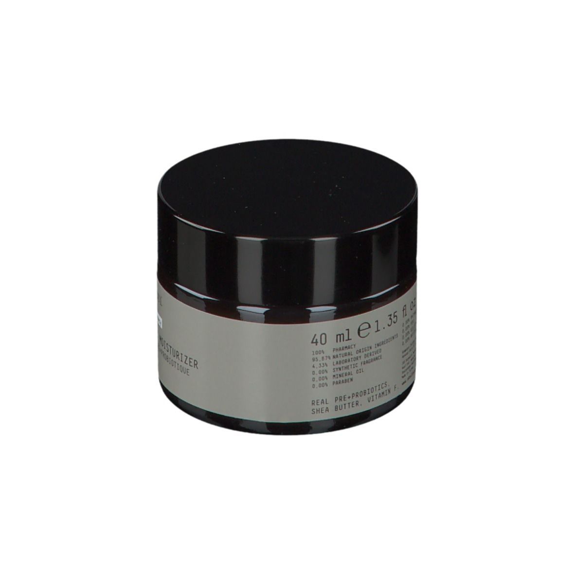 Bruine crèmepot met zwarte deksel. Op het etiket staat: ATELIER REBUL PRE+ PROBIOTIC MOISTURIZER. 40 ml.