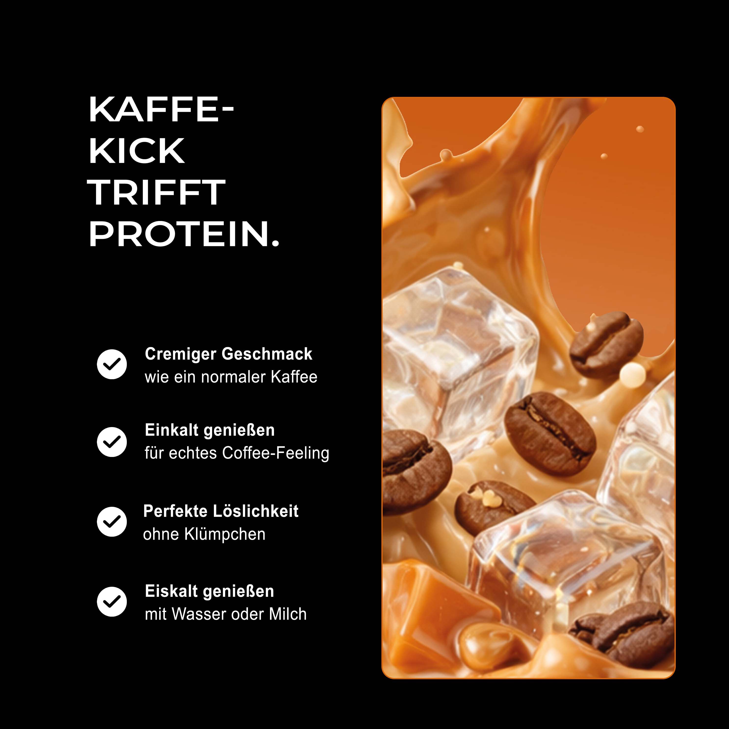 Nahaufnahme von Eiskristallen, Karamell und Kaffeebohnen, die Neosupps Protein Coffee darstellen.