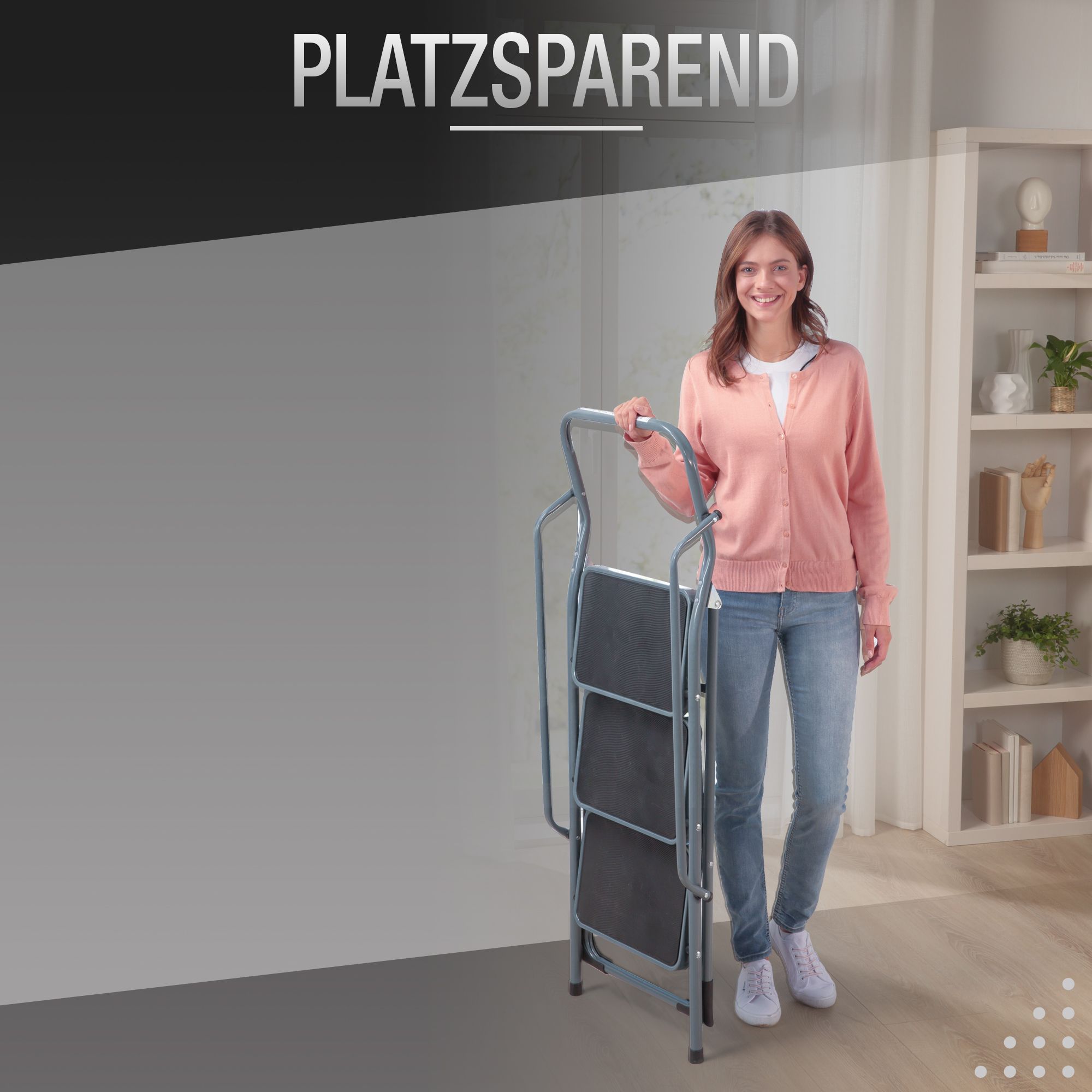 ELONEO Stehleiter 3 Stufen, extra dicke Handläufe, rutschsichere & große Trittflächen