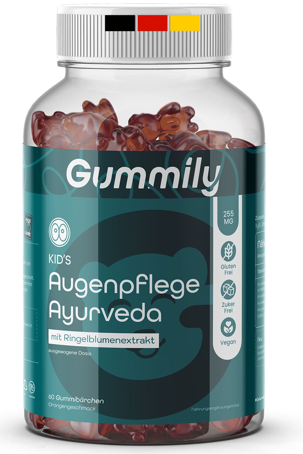 Klare Glasflasche mit Gummibärchen. Aufschrift: Gummily, Augenpflege Ayurveda. Enthält 60 Gummibärchen. Glutenfrei, zuckerfrei, vegan.