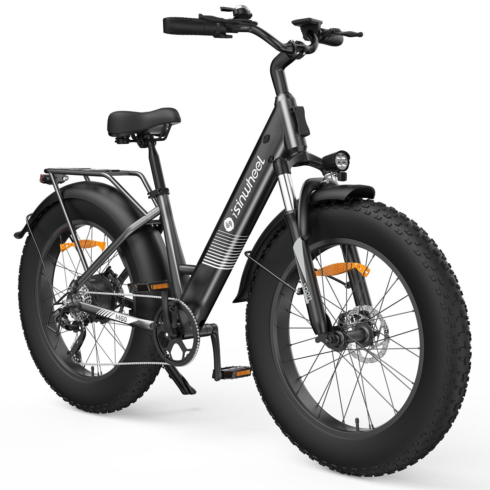 Schwarzes Isinwheel M60 E-Bike mit breiten Reifen, Gepäckträger und Scheinwerfer. Das Logo ist sichtbar.