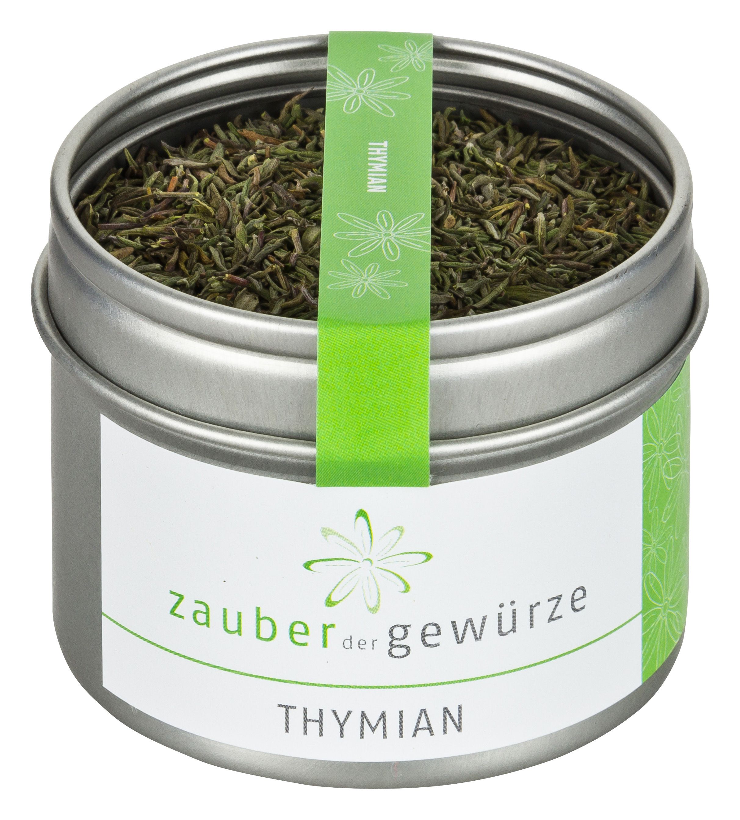 Runde Dose mit Thymian-Gewürz. Etikett mit "Zauber der Gewürze" und "Thymian". Grüner Streifen mit "Thymian".