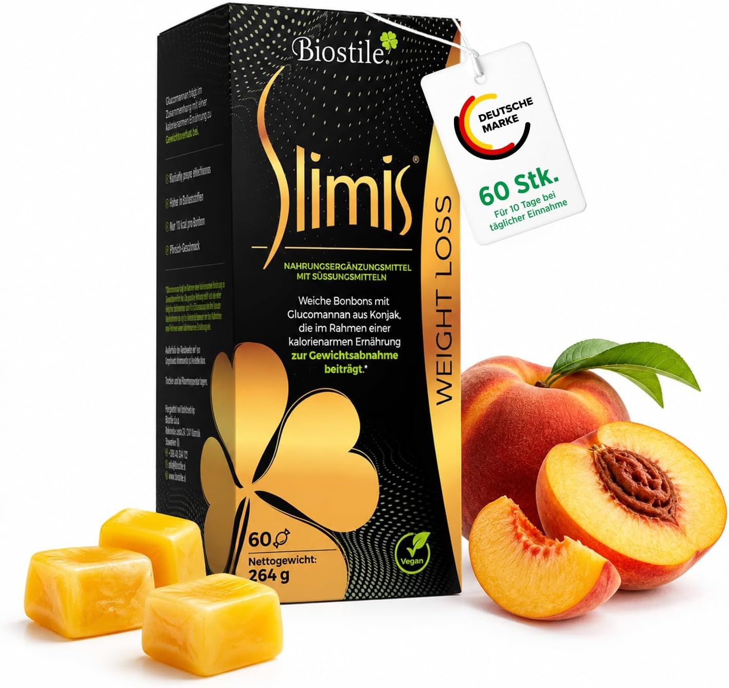 Biostile Slimis Verpackung, Pfirsiche, Bonbons.
