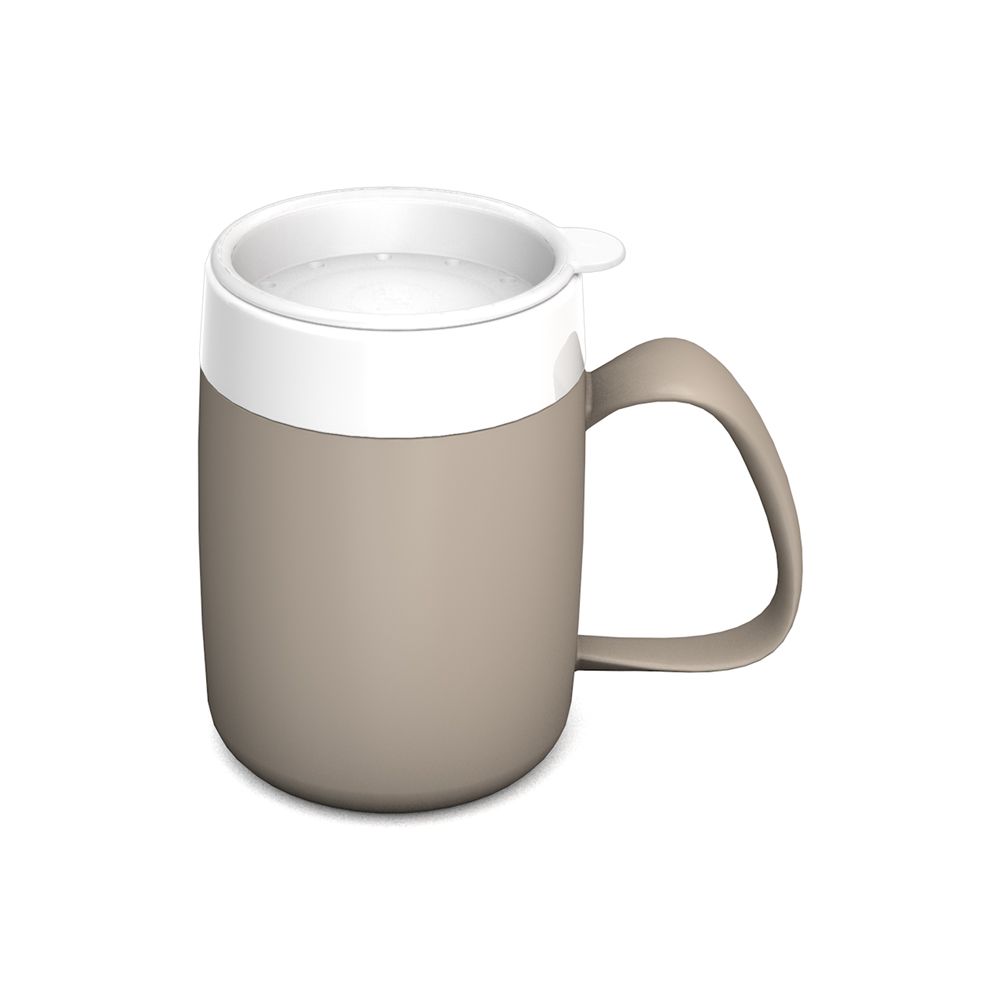 Becher mit großem Henkel, beige-weiß. Deckel mit Trinköffnung. Ergonomisches Design.