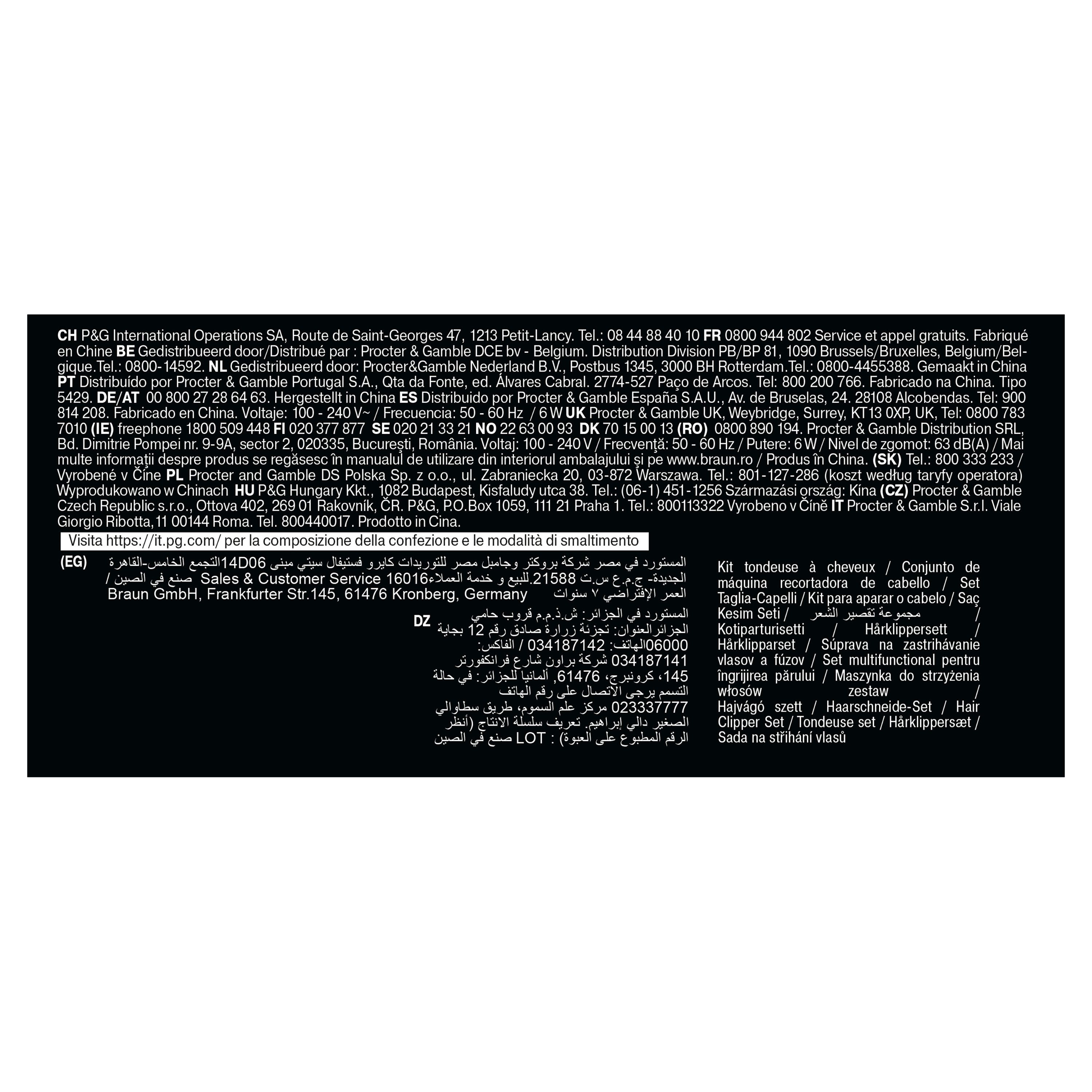 Rückseite der Produktverpackung mit Text in verschiedenen Sprachen. Herstellerinformationen.