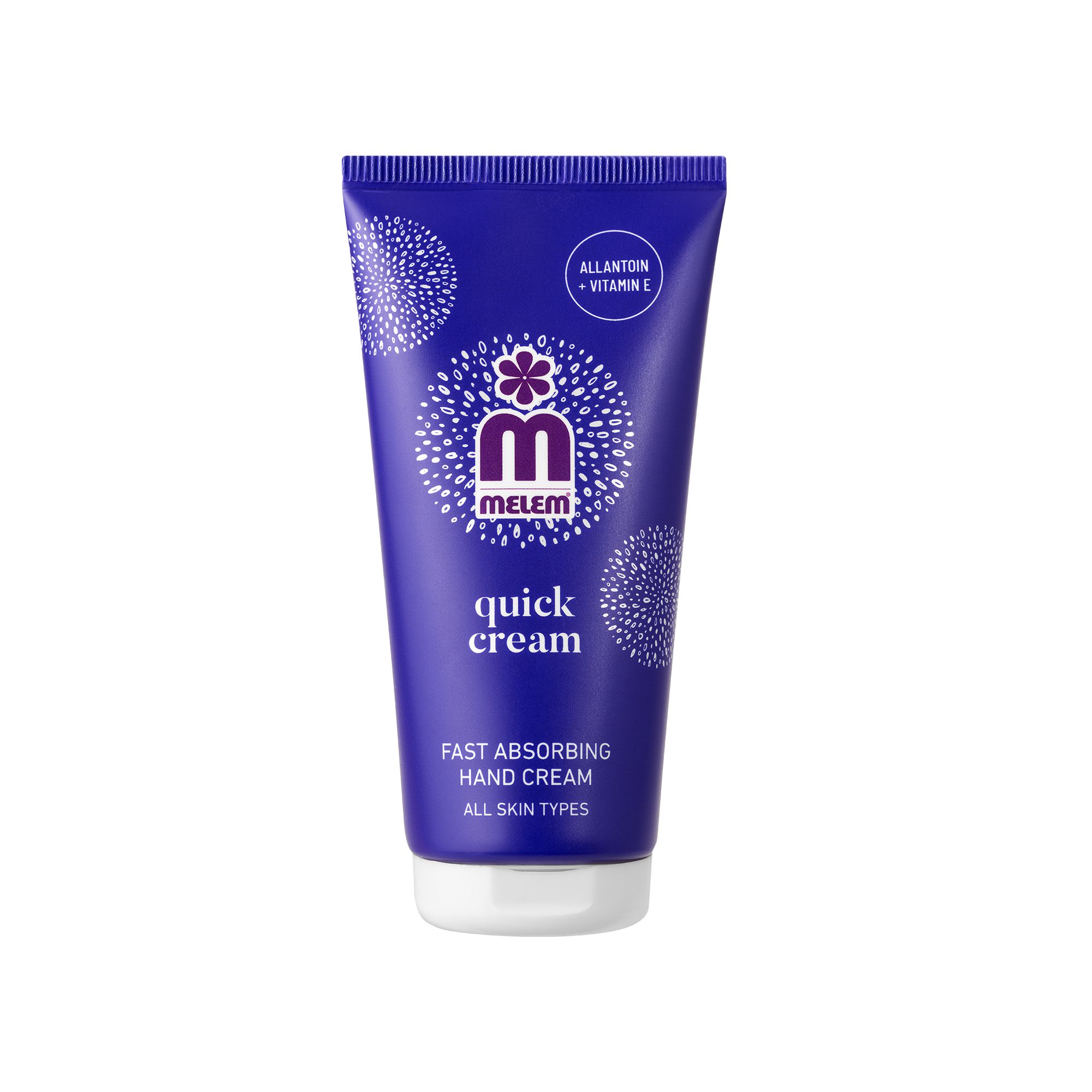 Blaue Tube Handcreme. Aufschrift: Quick Cream, Melem. Schnelleinziehende Handcreme. Für alle Hauttypen. Mit Allantoin + Vitamin E.