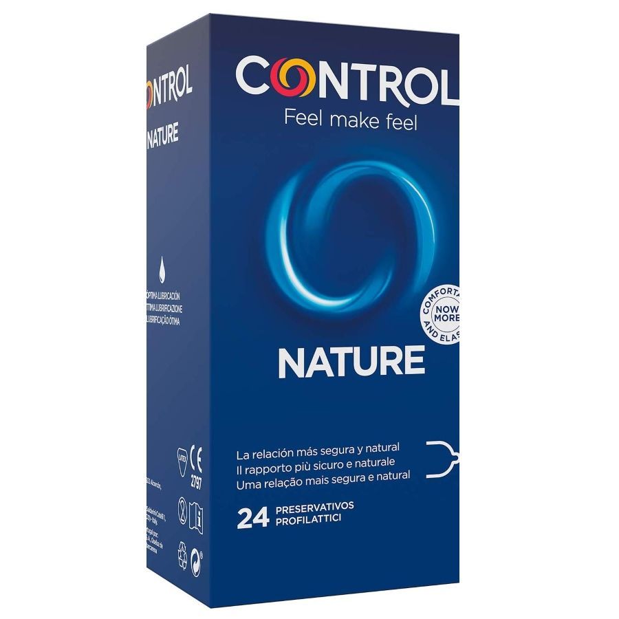 Control Nature Kondom-Packung, 24 Stück. Blaue Box mit Kreis-Design und Produktinformationen.