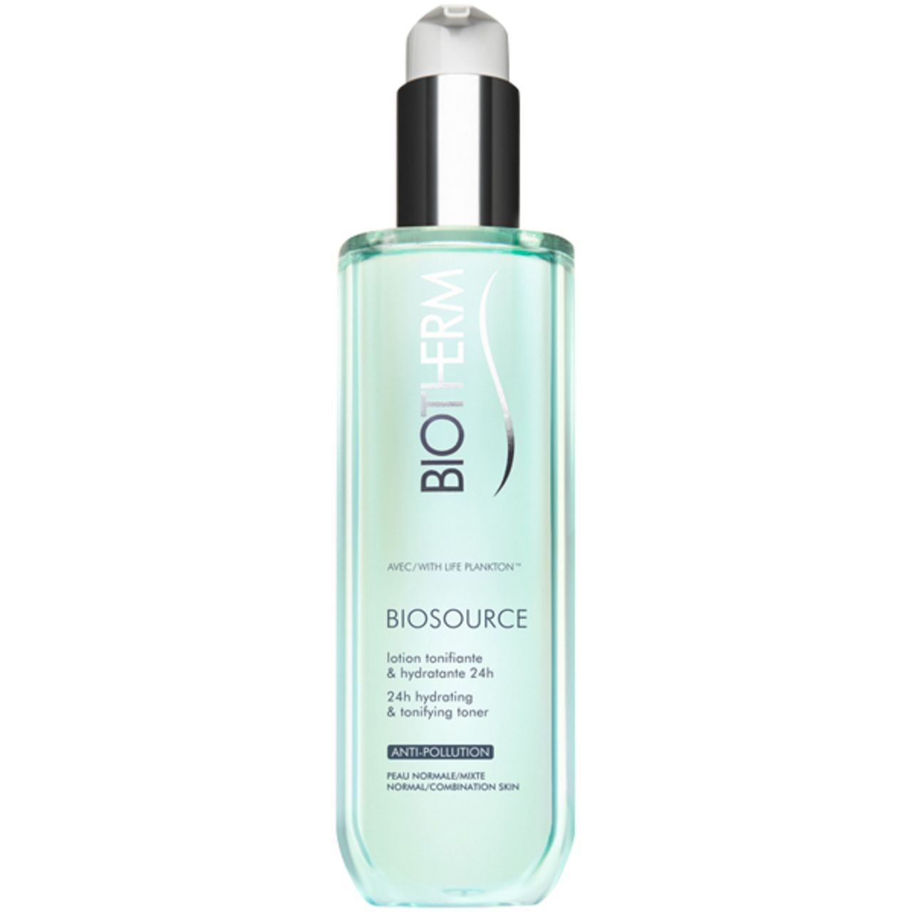 Grüne Flasche mit silbernem Pumpkopf. Aufschrift: BIOTHERM BIOSOURCE Lotion tonifiante & hydratante. 200 ml.