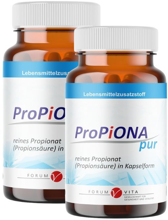 Zwei braune Flaschen mit weißen Deckeln. Aufschrift: ProPiONA pur, reines Propionat in Kapselform. Blaue Etiketten mit Text.