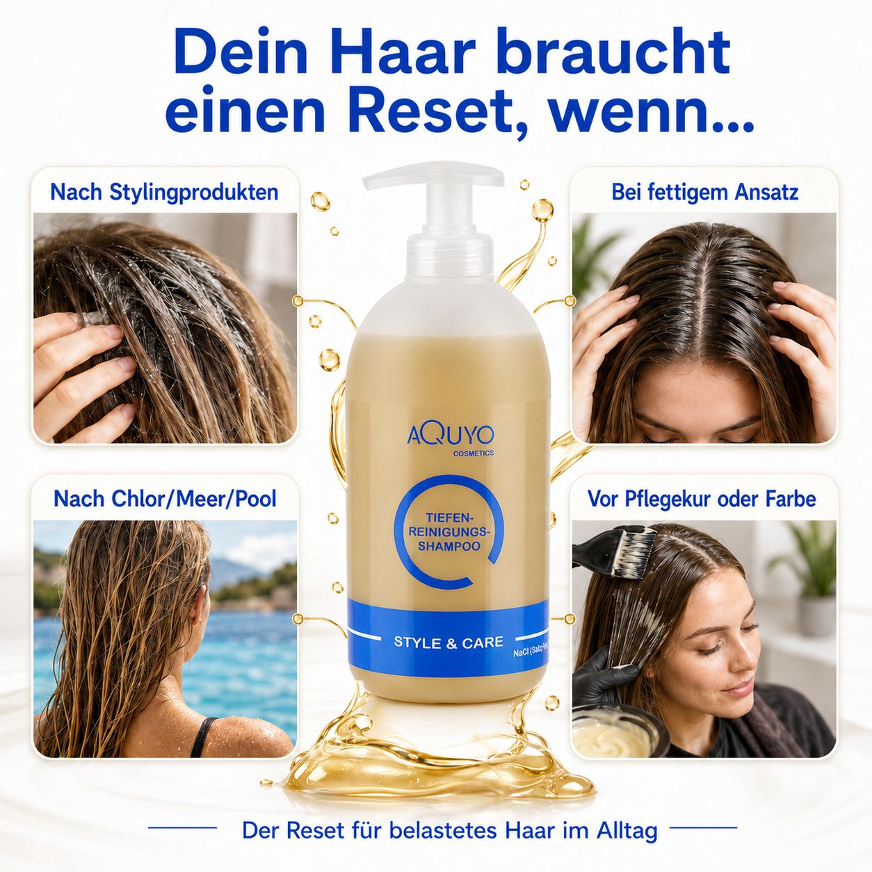 Shampoo-Flasche mit Aufschrift 'Tiefenreinigungs Shampoo'. Text: Dein Haar braucht einen Reset, wenn... Bilder von Haaren in verschiedenen Zuständen.