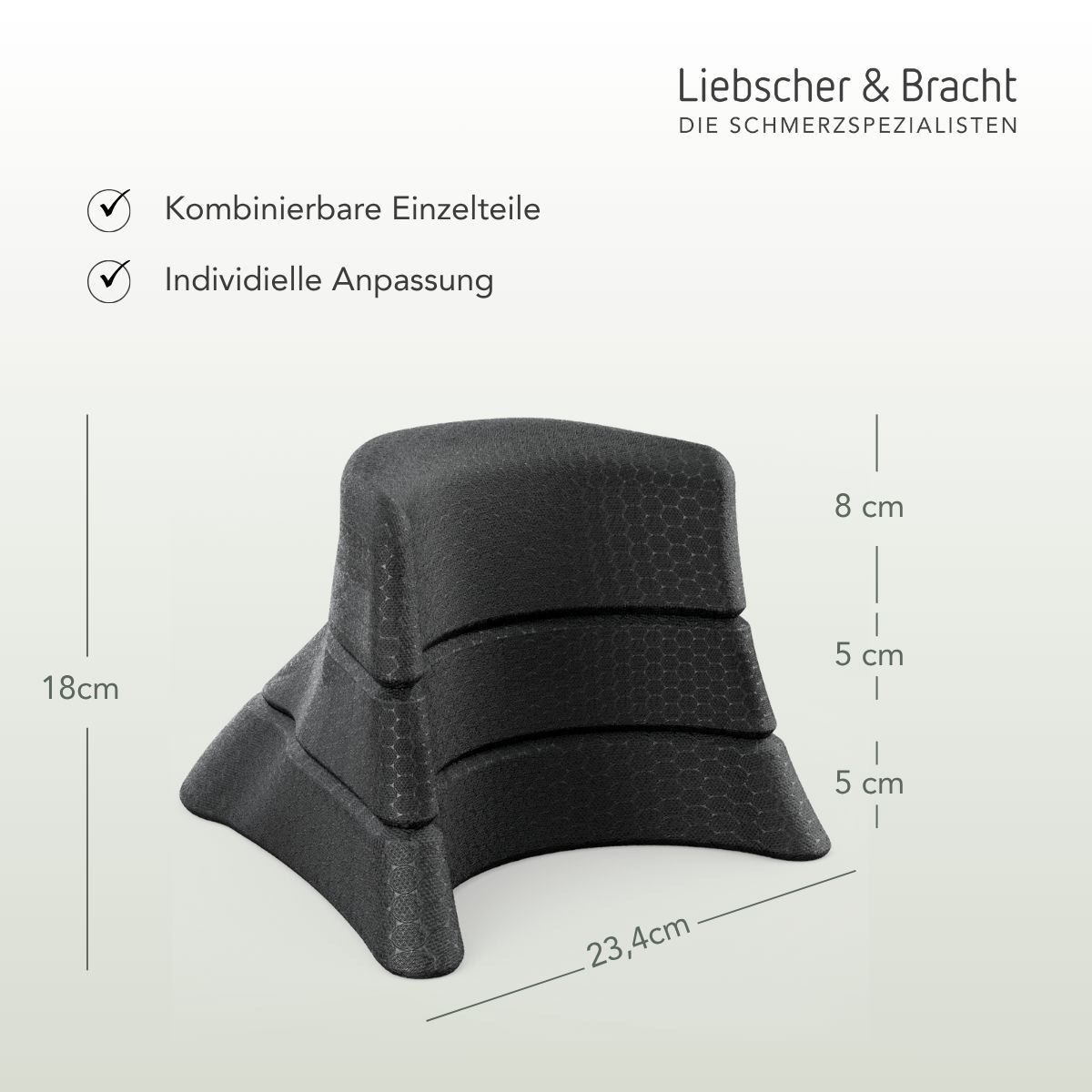 Schwarzer Nackenretter mit Maßen: Höhe 18cm, Breite 23,4cm. Einzelteile 8cm, 5cm, 5cm.
