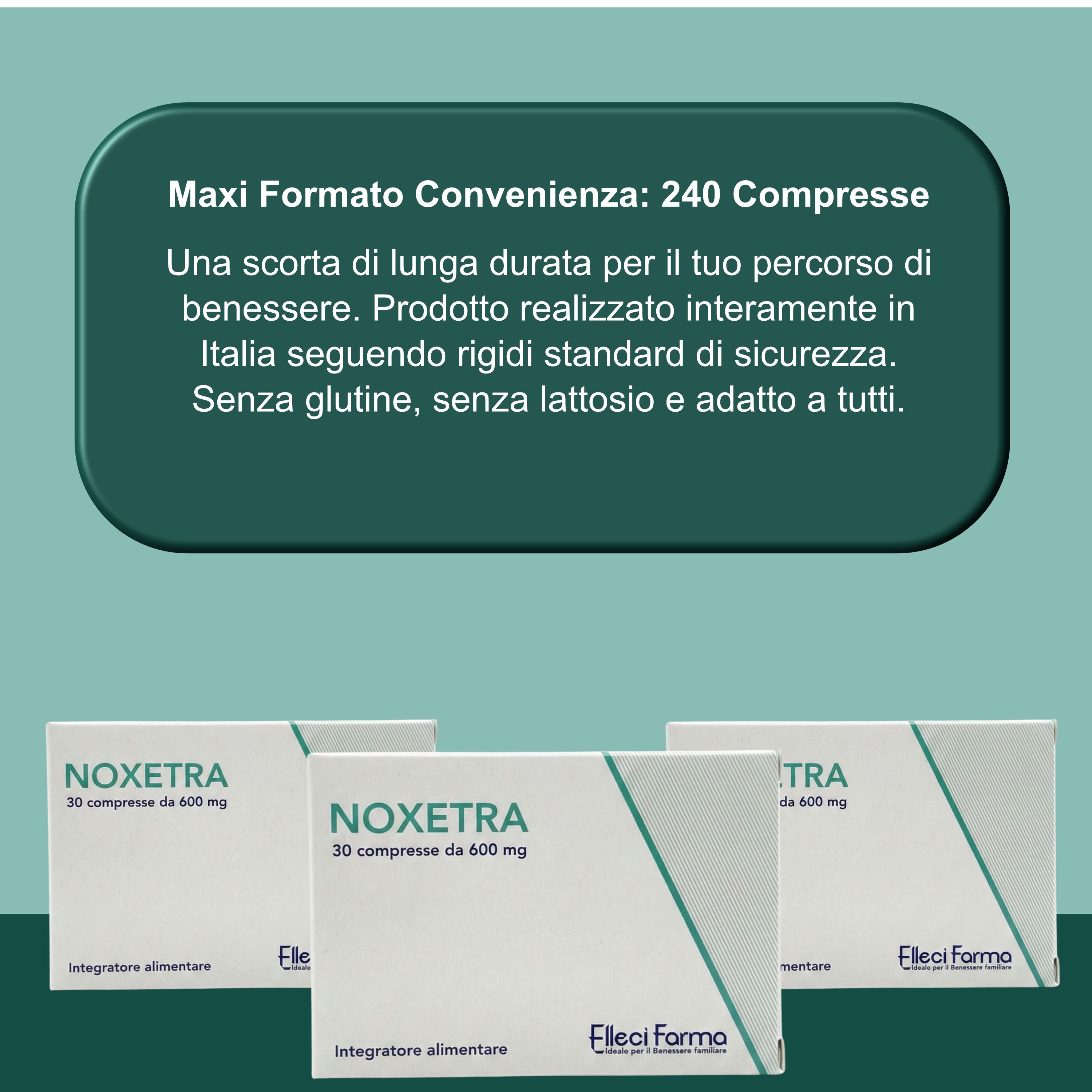 Drei Packungen des Nahrungsergänzungsmittels NOXETRA, jede enthält 30 Tabletten à 600 mg.
