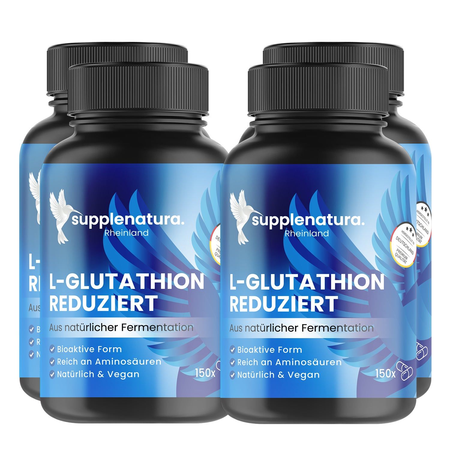 Mehrere Flaschen L-Glutathion Kapseln. Blaue Etiketten mit weißem Text. Marke: supplenatura Rheinland. Schwarze Deckel. 150 Kapseln.