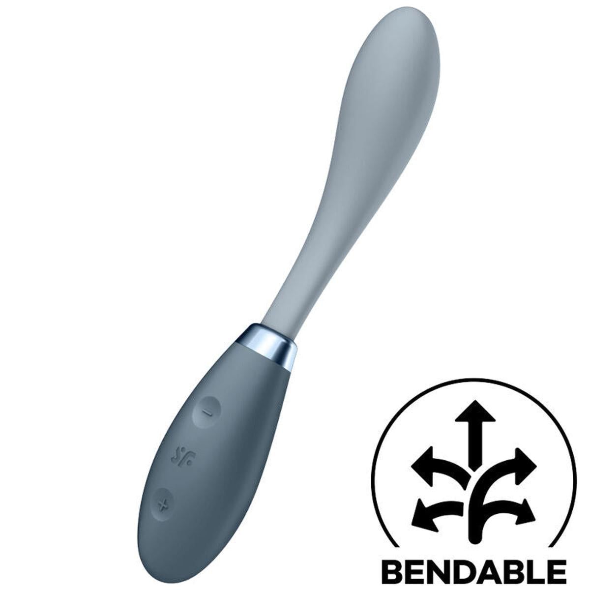Graues Vibrationsgerät mit abgerundeter Spitze und Bedienknöpfen. Metallring. Bendable-Symbol.