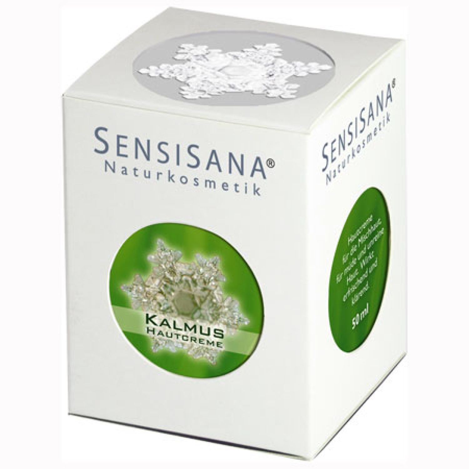 Weißer Karton mit grünem Kreis und Produktnamen. Oben Schneeflocken-Dekoration. Sensisana Naturkosmetik.