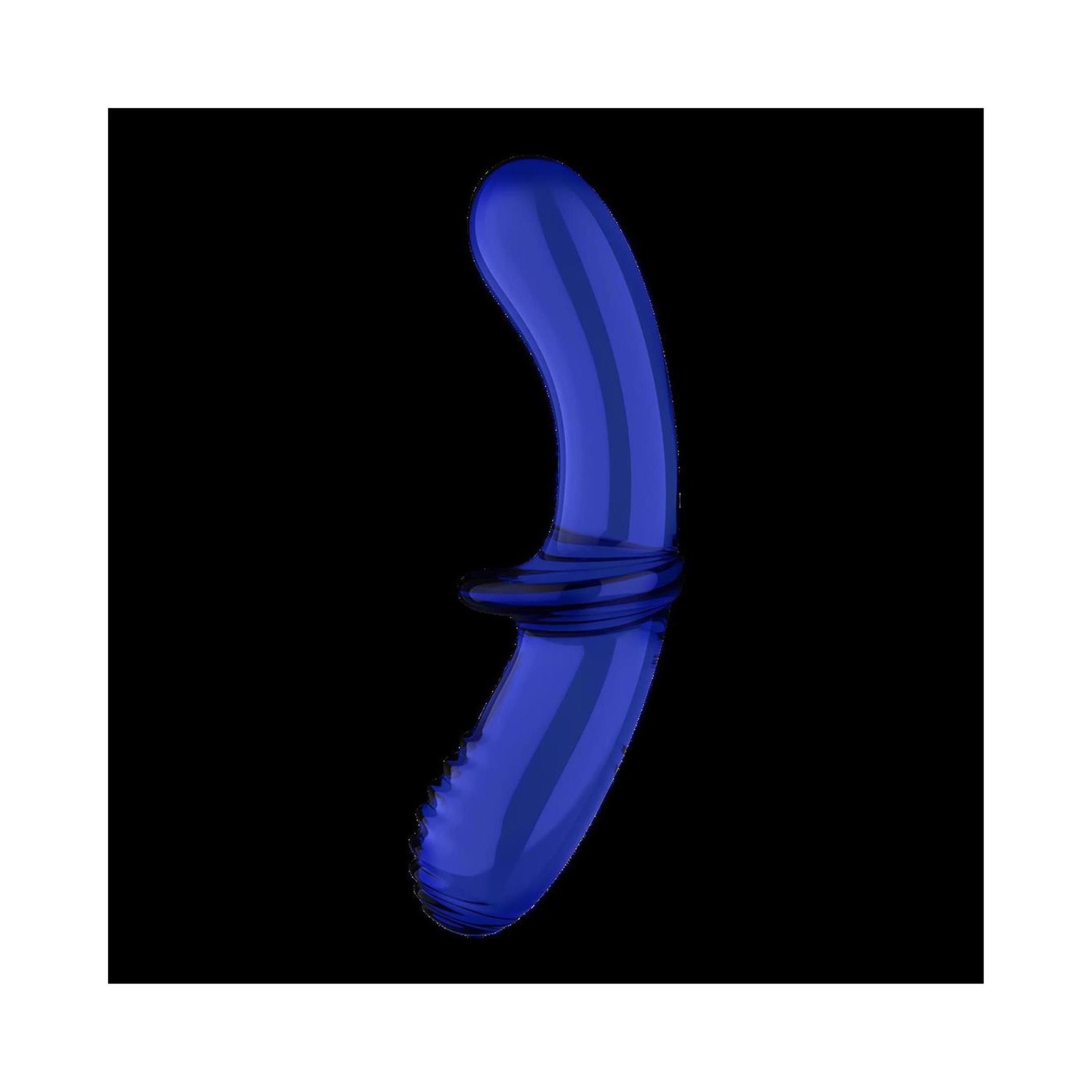 Blauer Glasdildo mit gebogener Form und Ring. Geriffelte Basis.