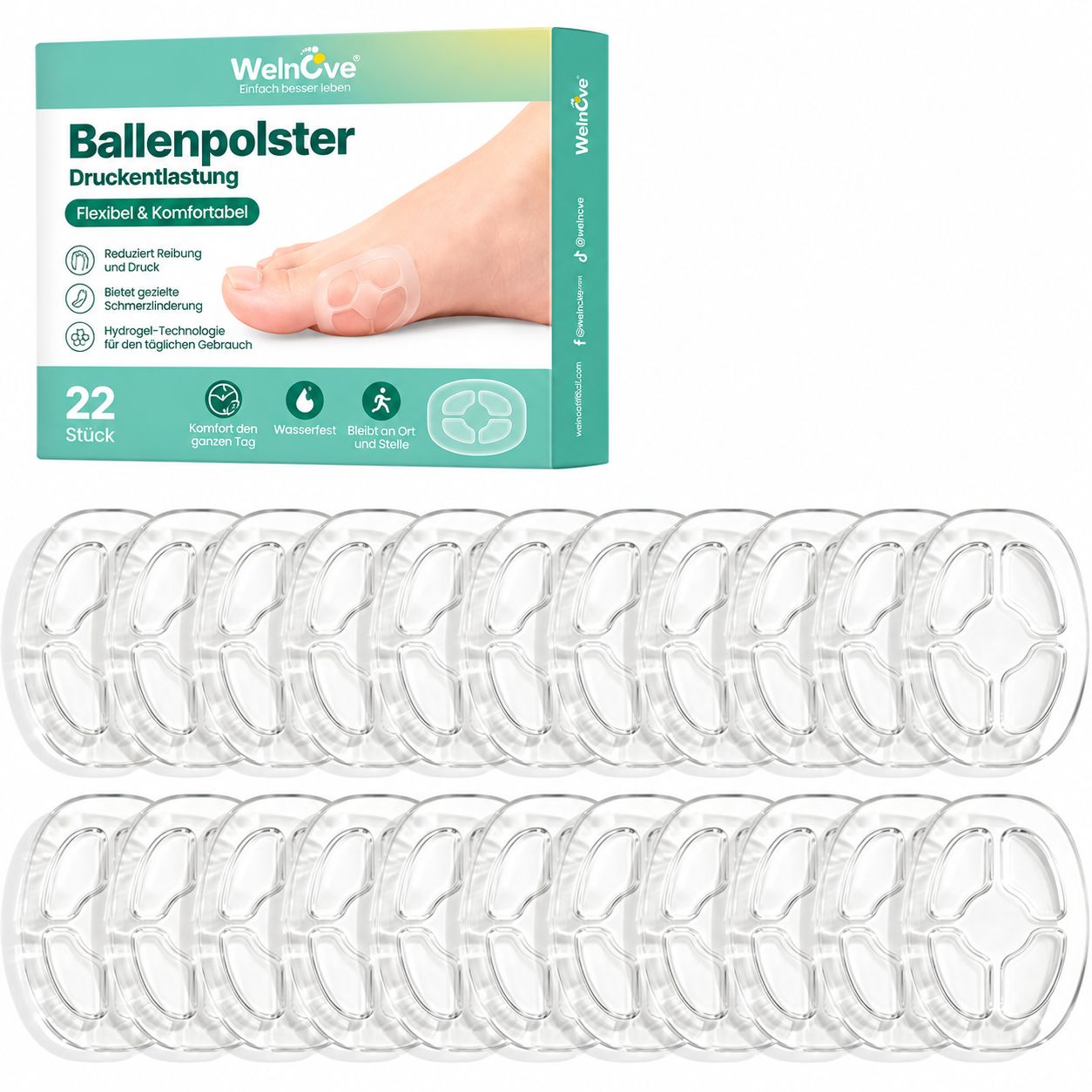 Verpackung mit 22 Ballenpolstern aus Hydrogel zur Druckentlastung und Schmerzlinderung.