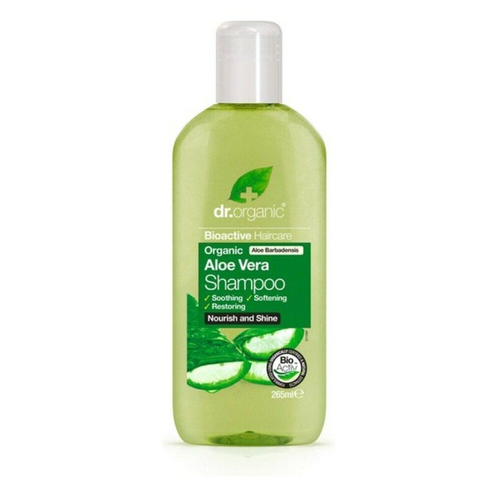Grüne, ovale Flasche mit Aloe Vera Shampoo. Marke: Dr. Organic. Text: Bioactive Haircare, Organic Aloe Vera Shampoo. Mit Deckel.